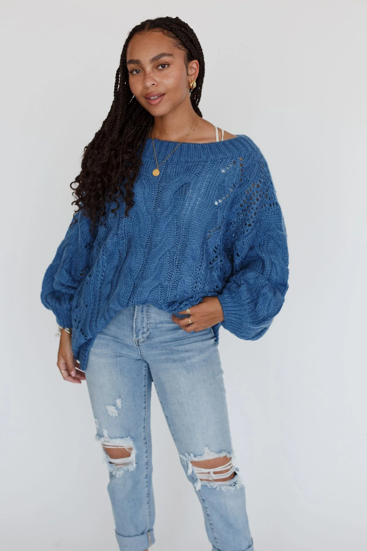 Golden Hour Bubble Sleeve Sweater Dress - Blue - Image 11