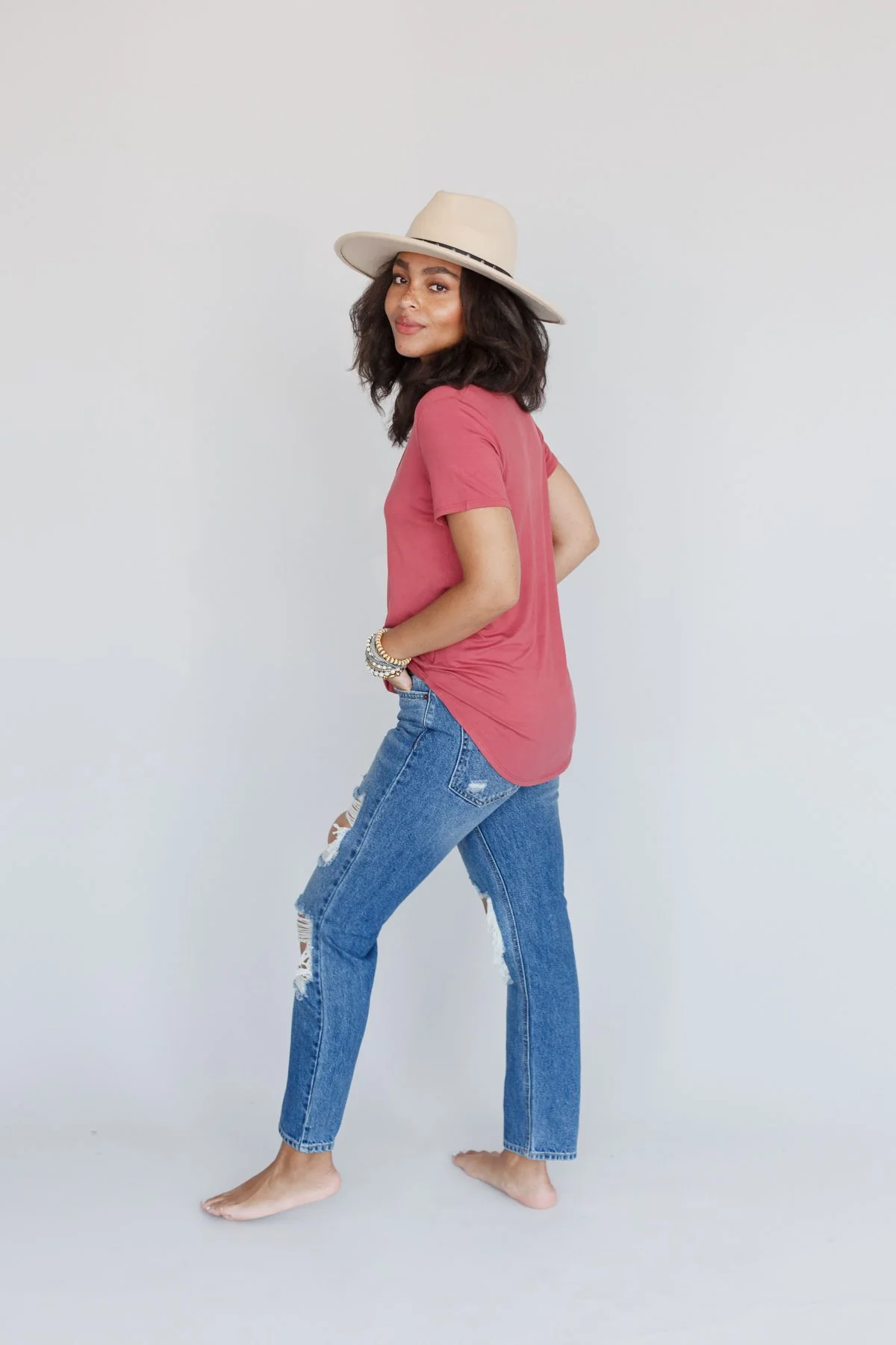 Scoop Neck Bralette Tee - Marsala - Image 3