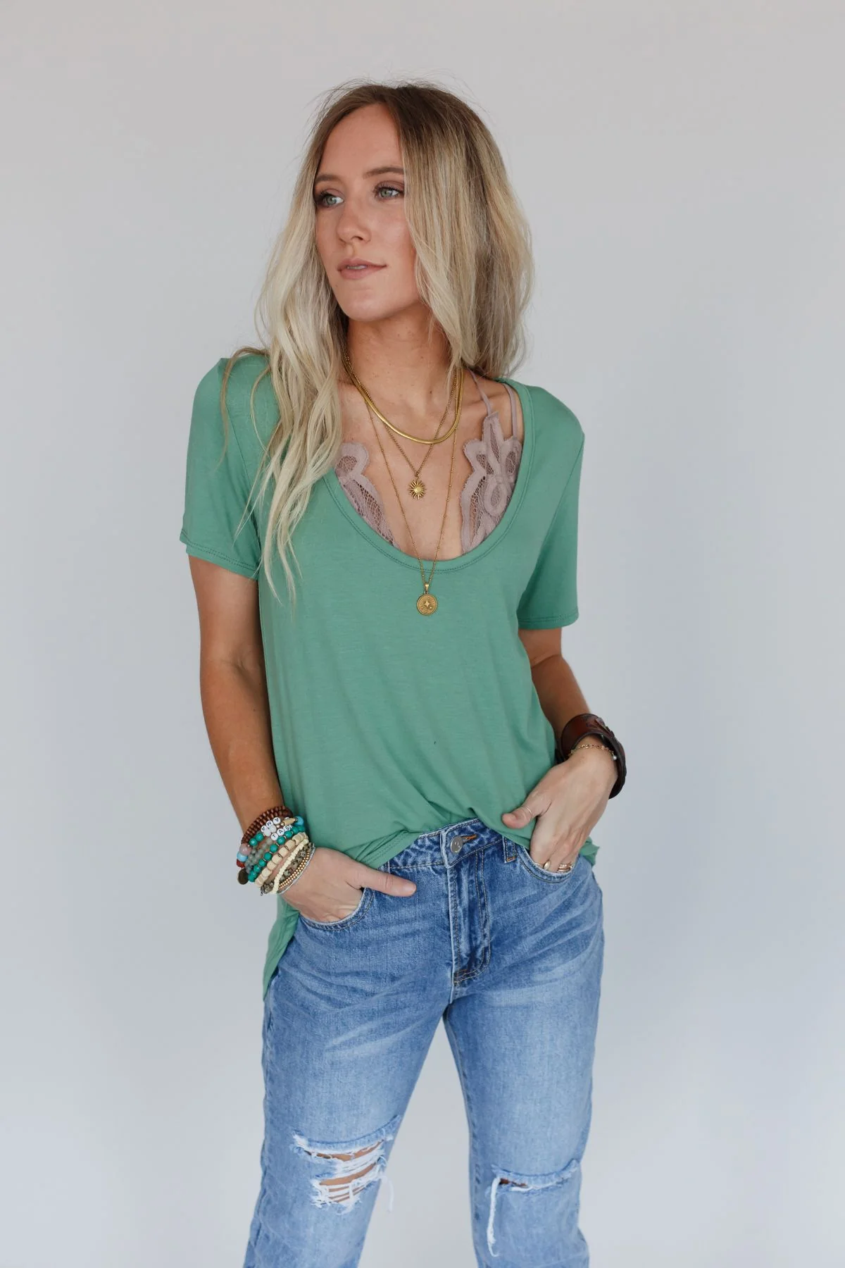 Scoop Neck Bralette Tee - Sage - Image 3