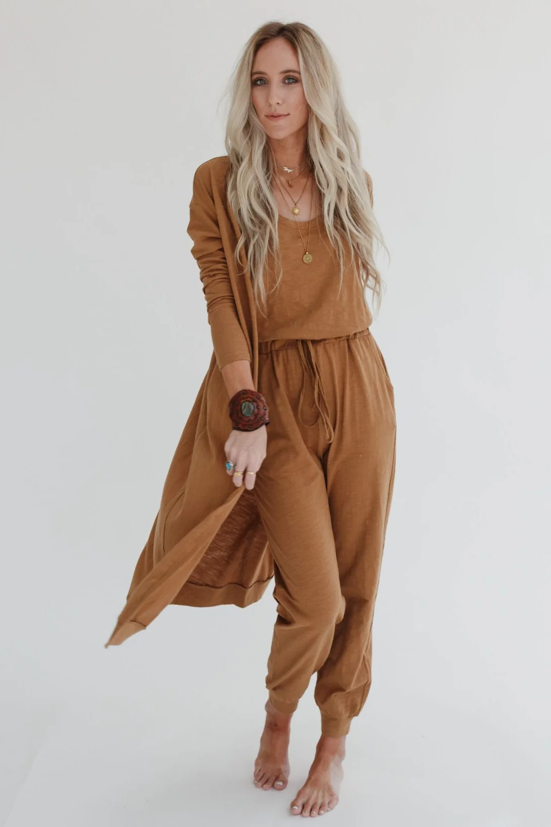 Set to Go Textured Jumpsuit And Cardigan Set - Camel - Image 8