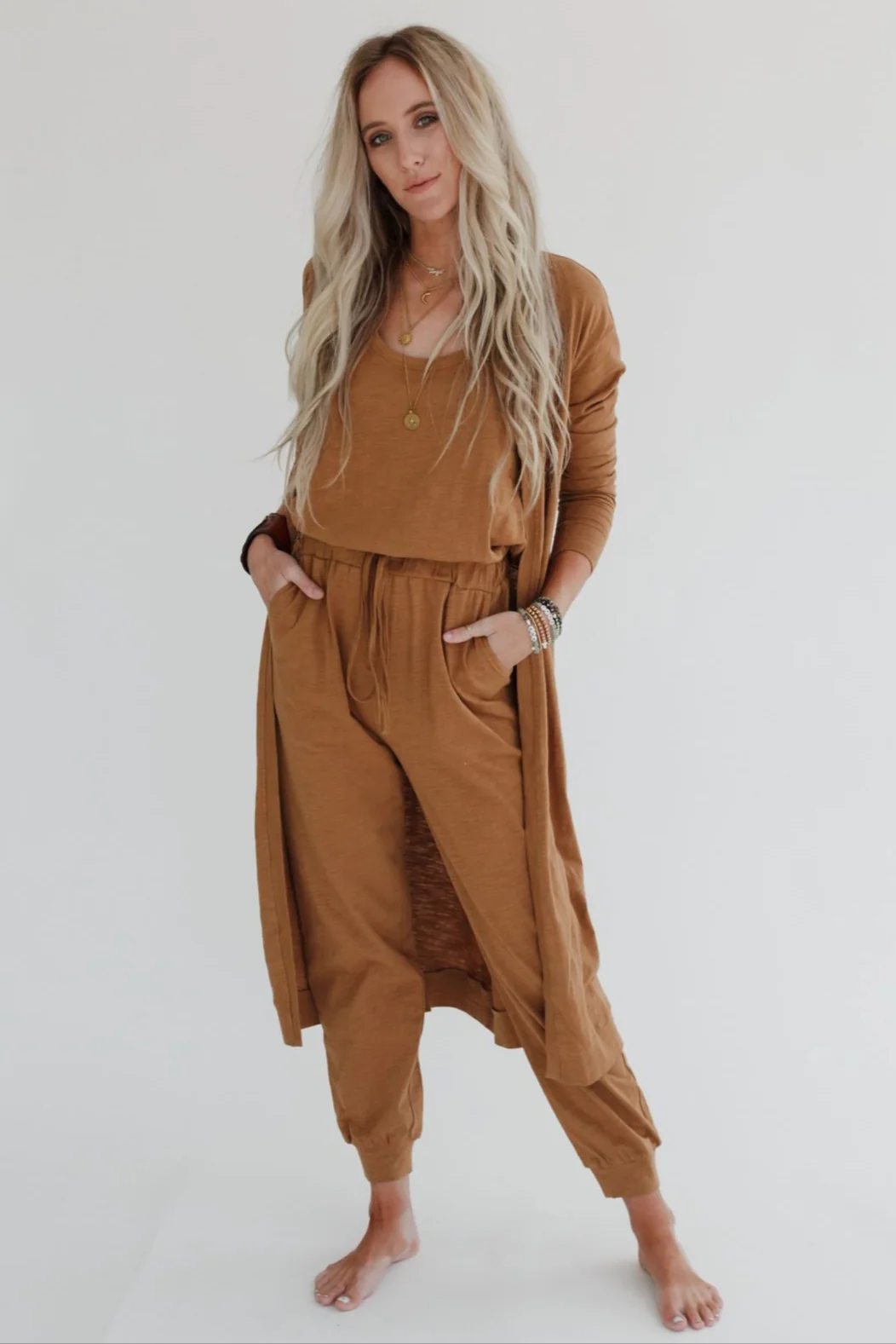 Set to Go Textured Jumpsuit And Cardigan Set - Camel - Image 9