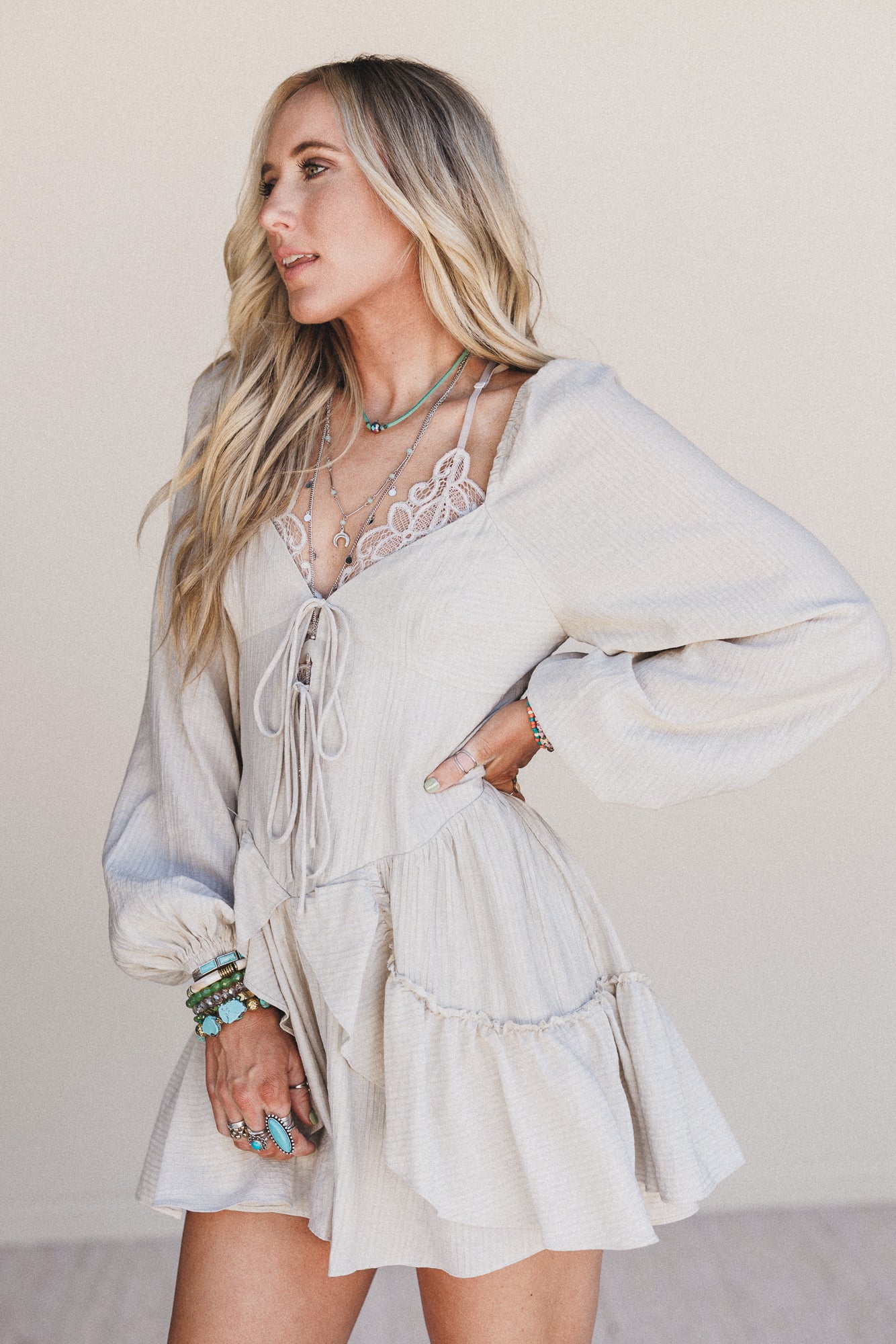 All Day Glow Ruffled Romper - Oatmeal - Image 4