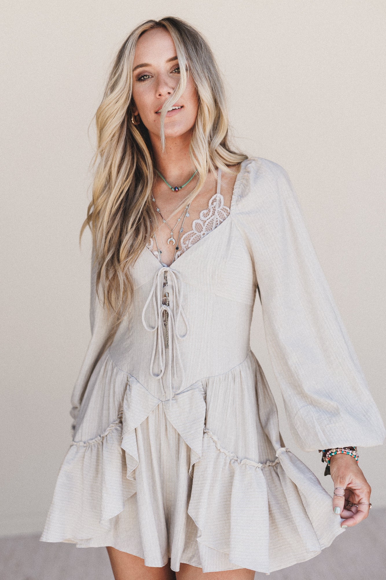 All Day Glow Ruffled Romper - Oatmeal - Image 6