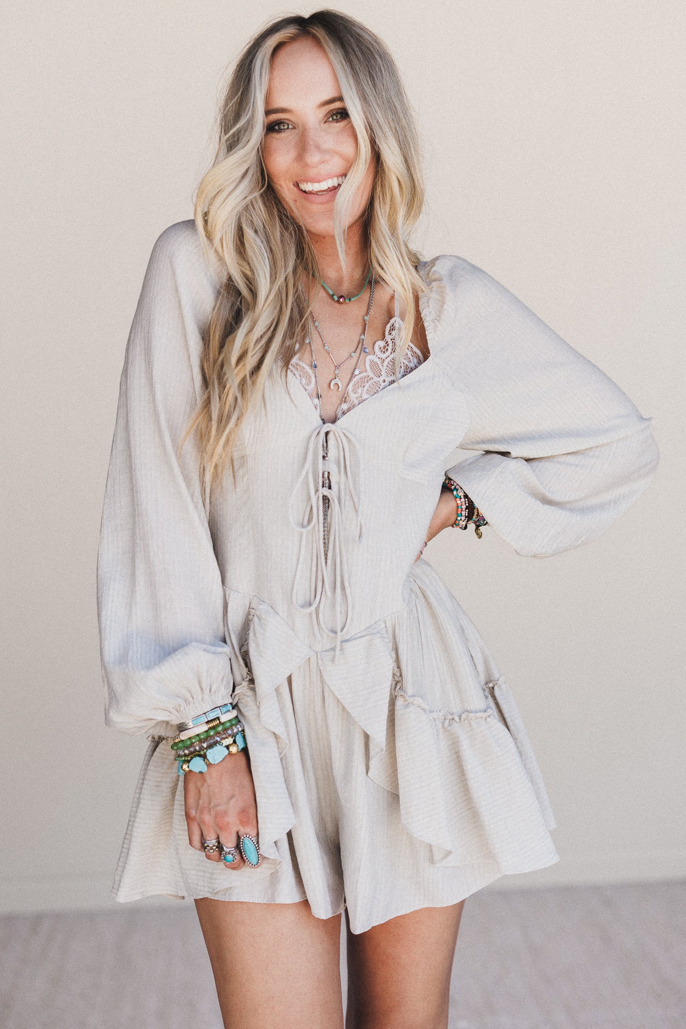 All Day Glow Ruffled Romper - Oatmeal - Image 2