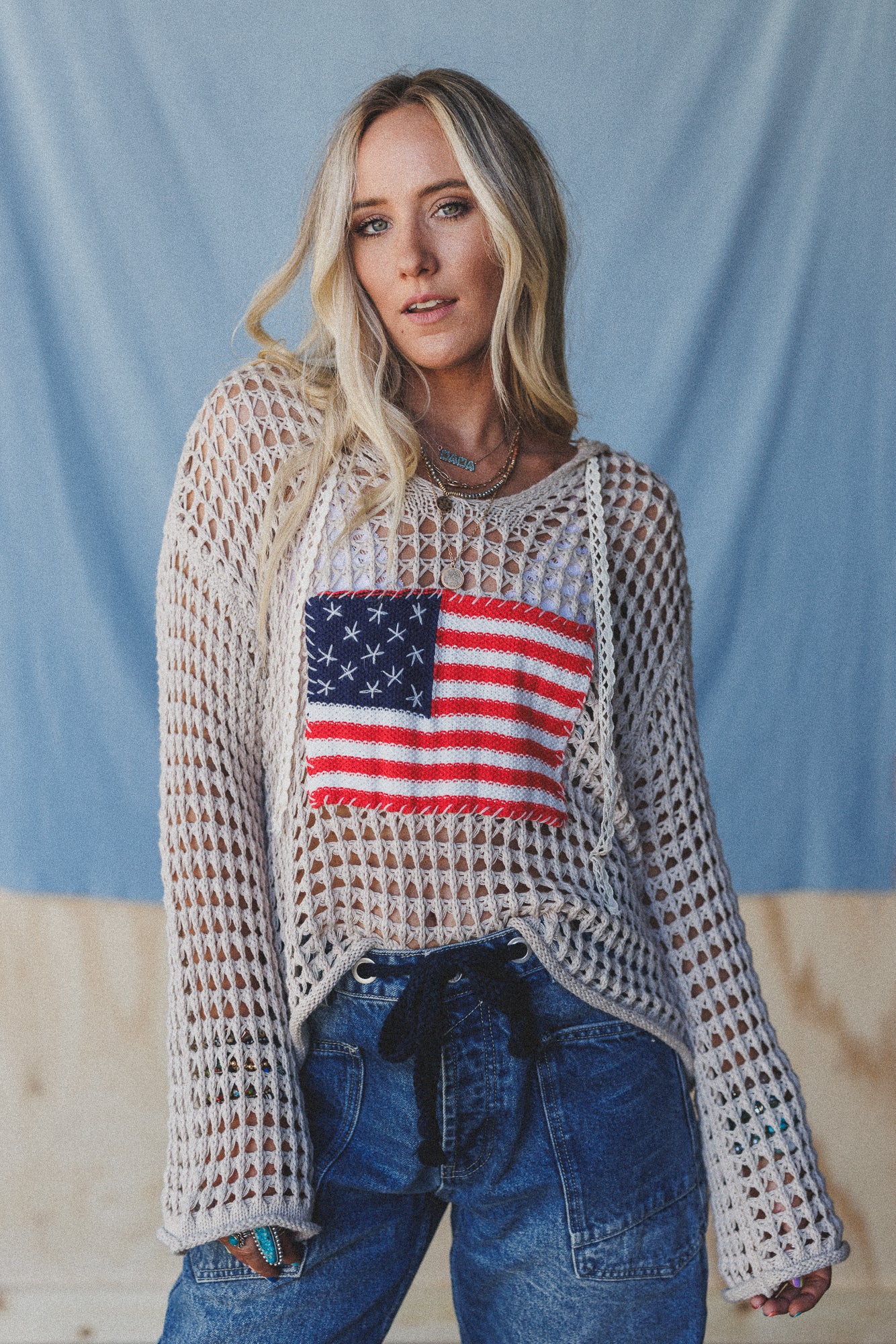 Americana Flag Hoodie - Beige - Image 4