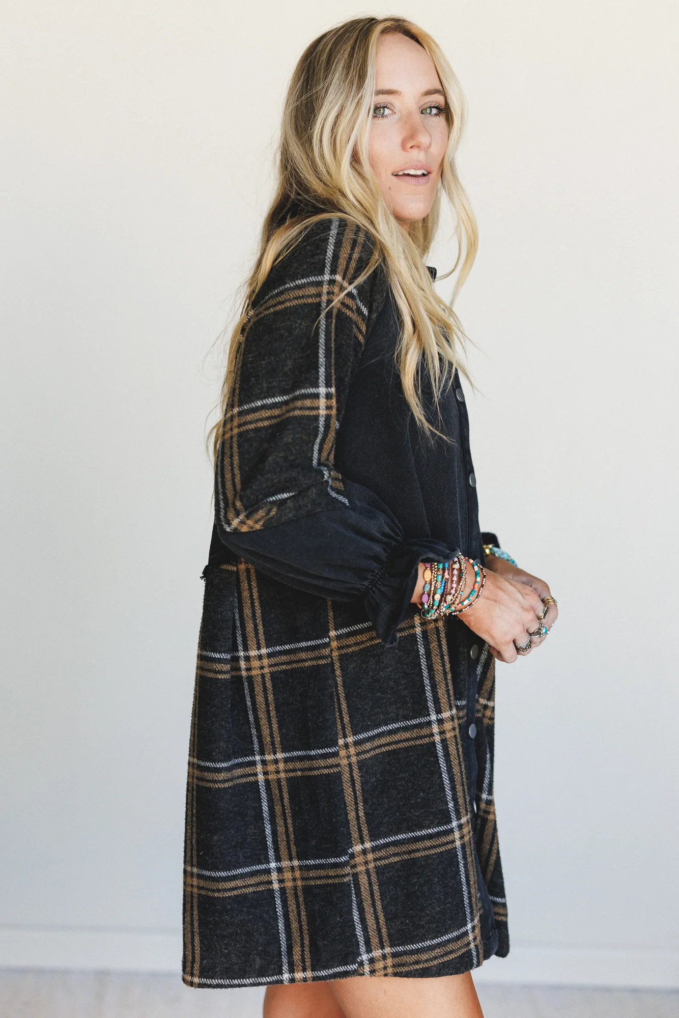Beau Plaid Button Front Dress - Black - Image 4