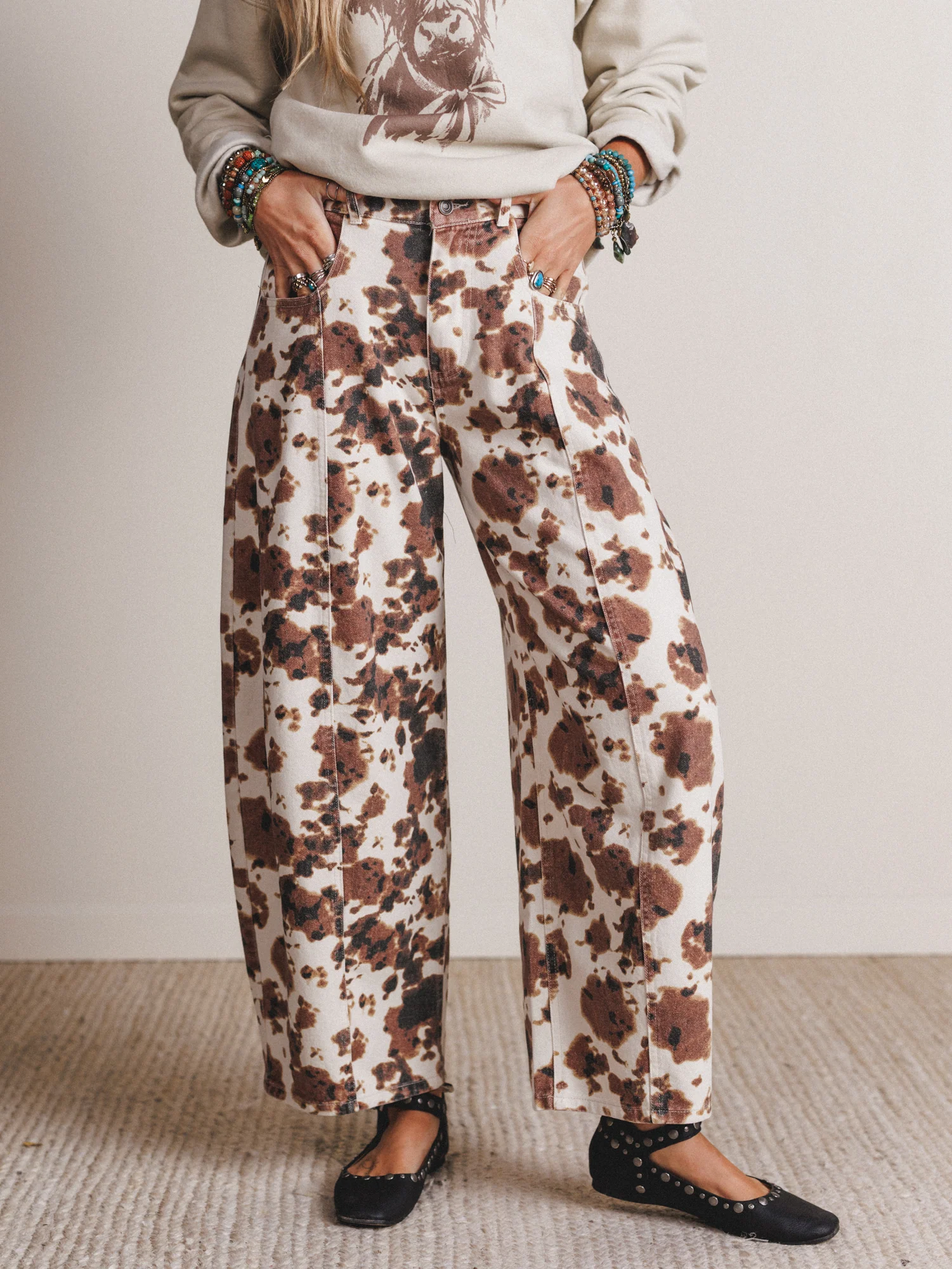 Belle Cow Print Barrel Jeans - Brown