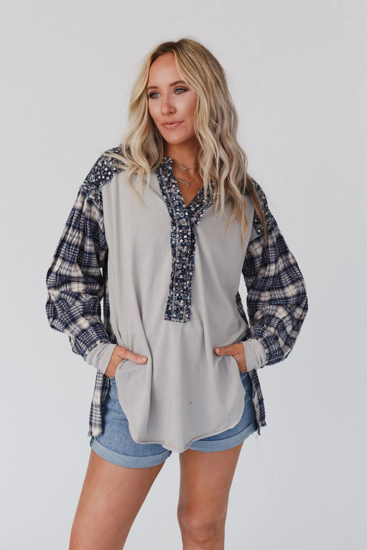 Better Together Mixed Print Top - Blue Gray - Image 5