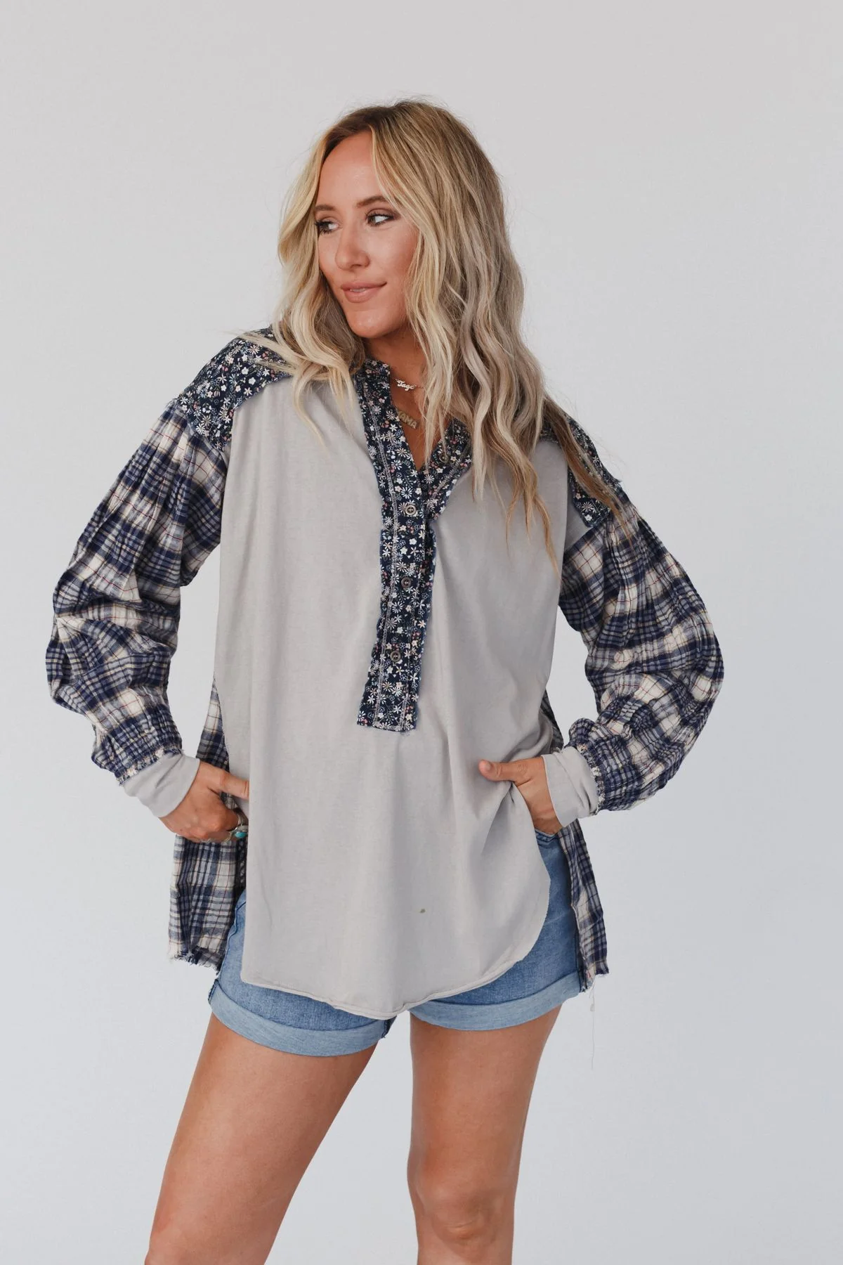Better Together Mixed Print Top - Blue Gray - Image 6
