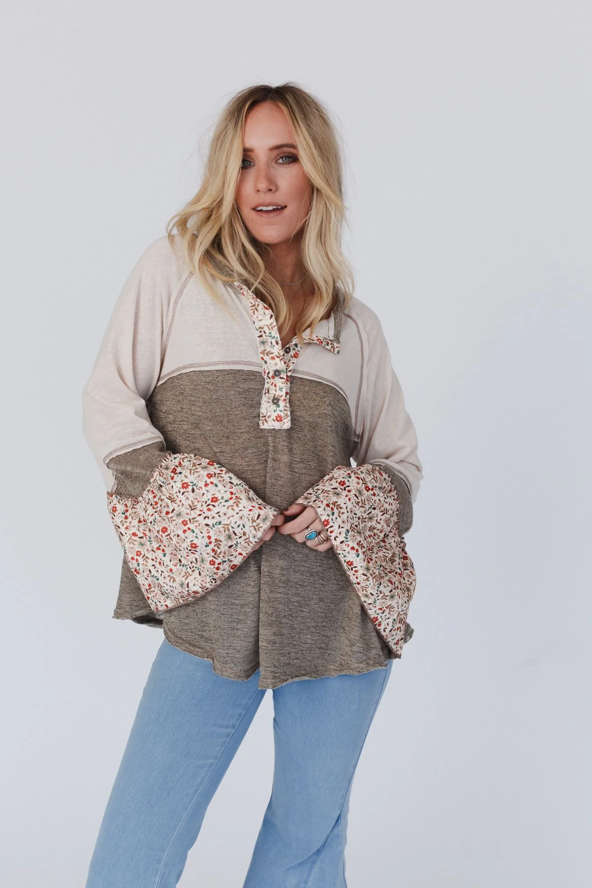 Blooms Of Love Contrast Top - Taupe - Image 7