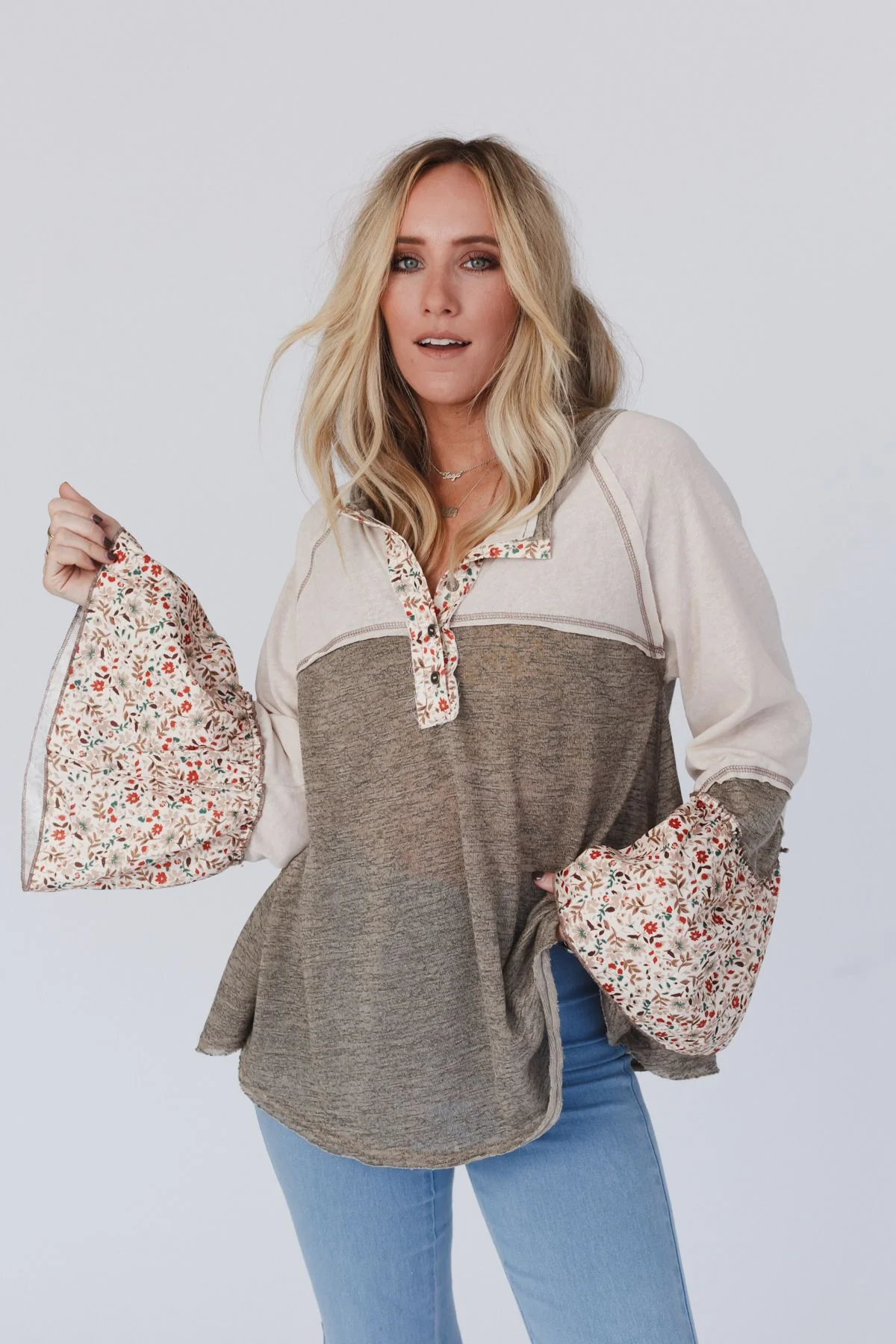 Blooms Of Love Contrast Top - Taupe - Image 8