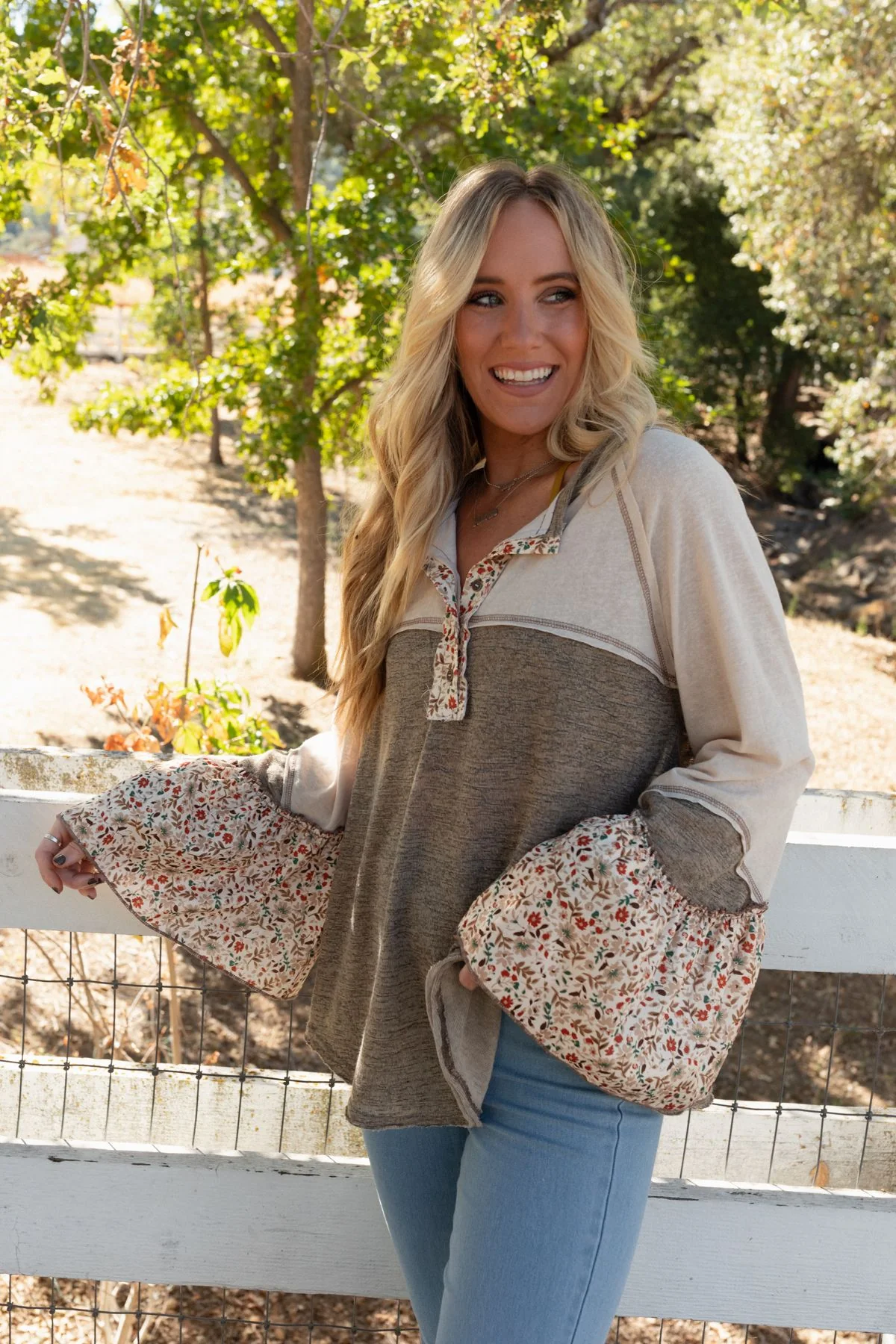 Blooms Of Love Contrast Top - Taupe - Pre Order