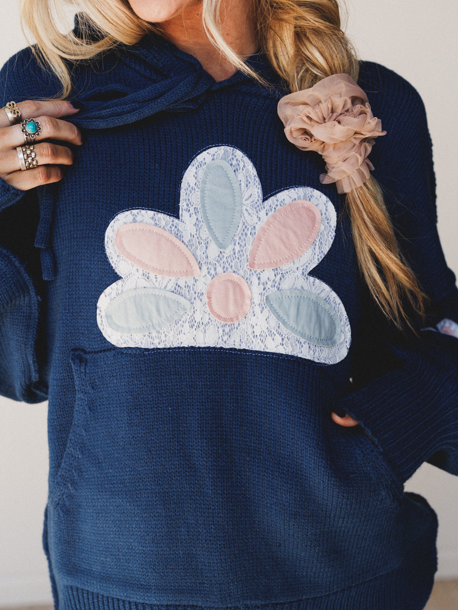 Blossom Wash Patchwork Hoodie - Teal - Image 3