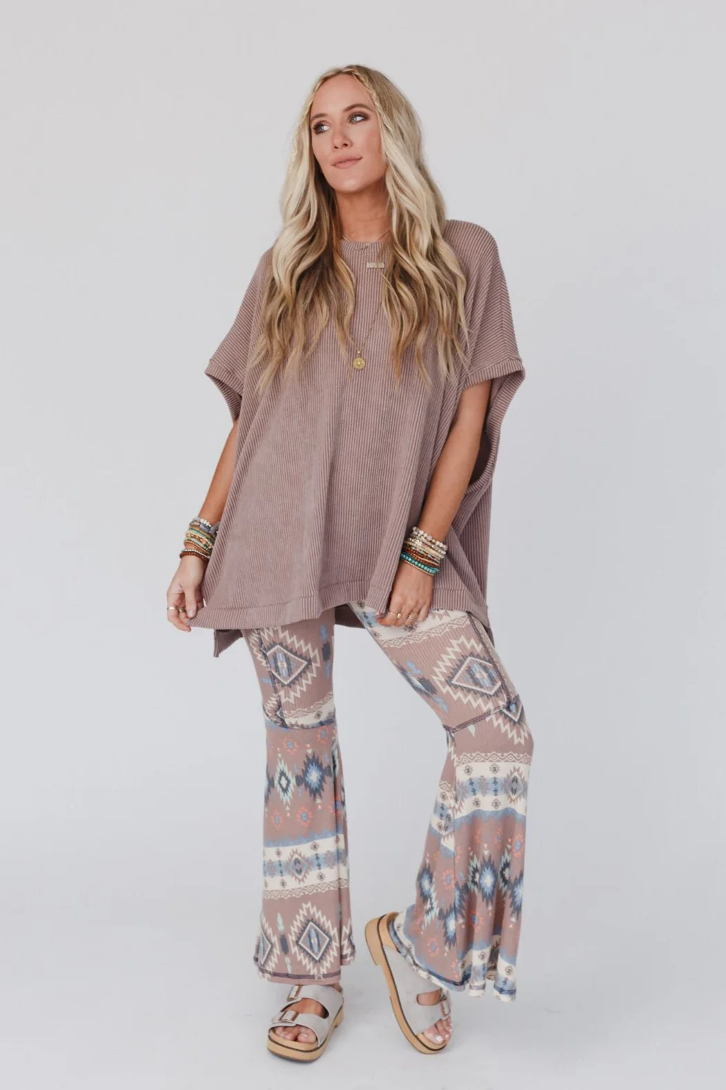 The Nest Boho Bliss Ribbed Flare Pants - Taupe - Image 2