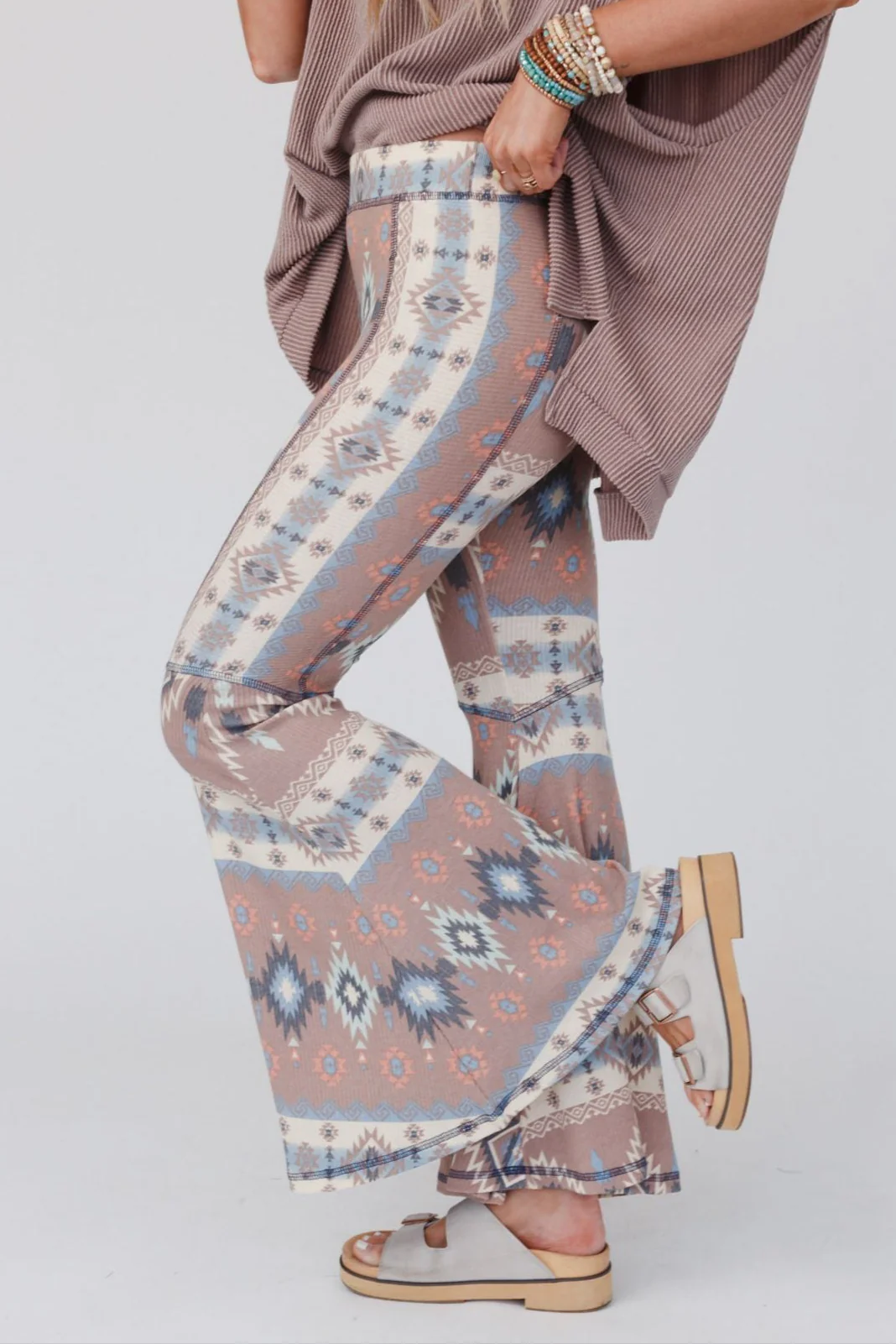 The Nest Boho Bliss Ribbed Flare Pants - Taupe - Pre Order