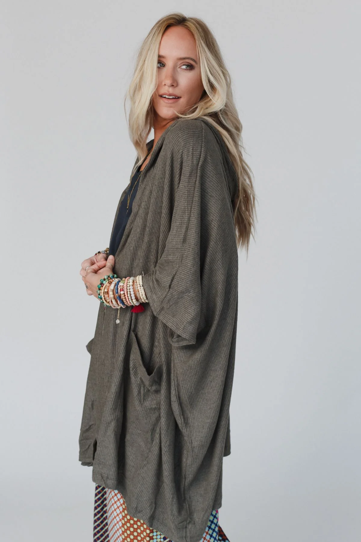 The Nest Boho Essential Hooded Ribbed Sweater - Olive - Image 6
