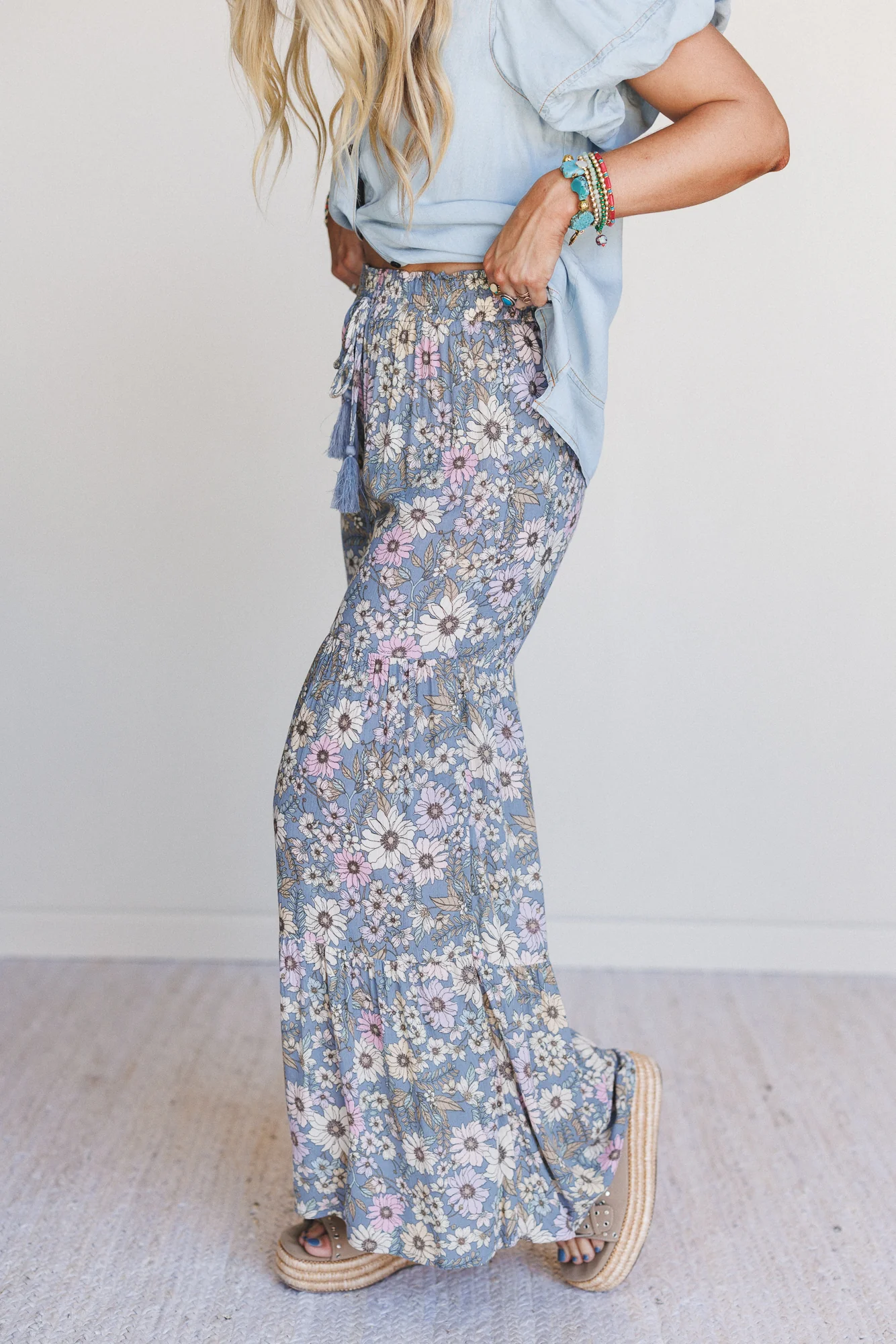 Botanic Drift Wide Leg Pants - Dusty Blue - Image 2