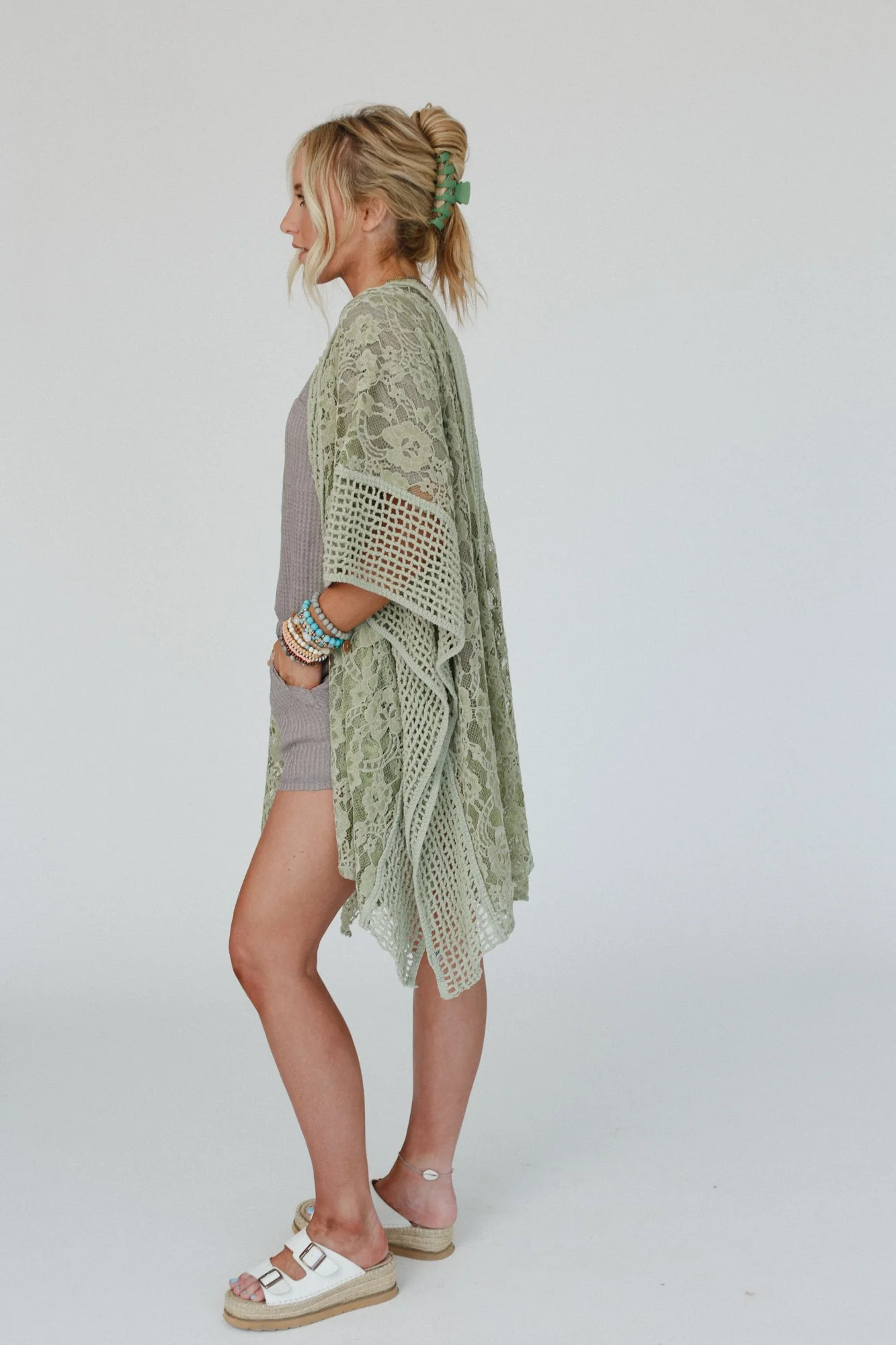 Breezy Floral Lace Kimono - Sage - Image 3