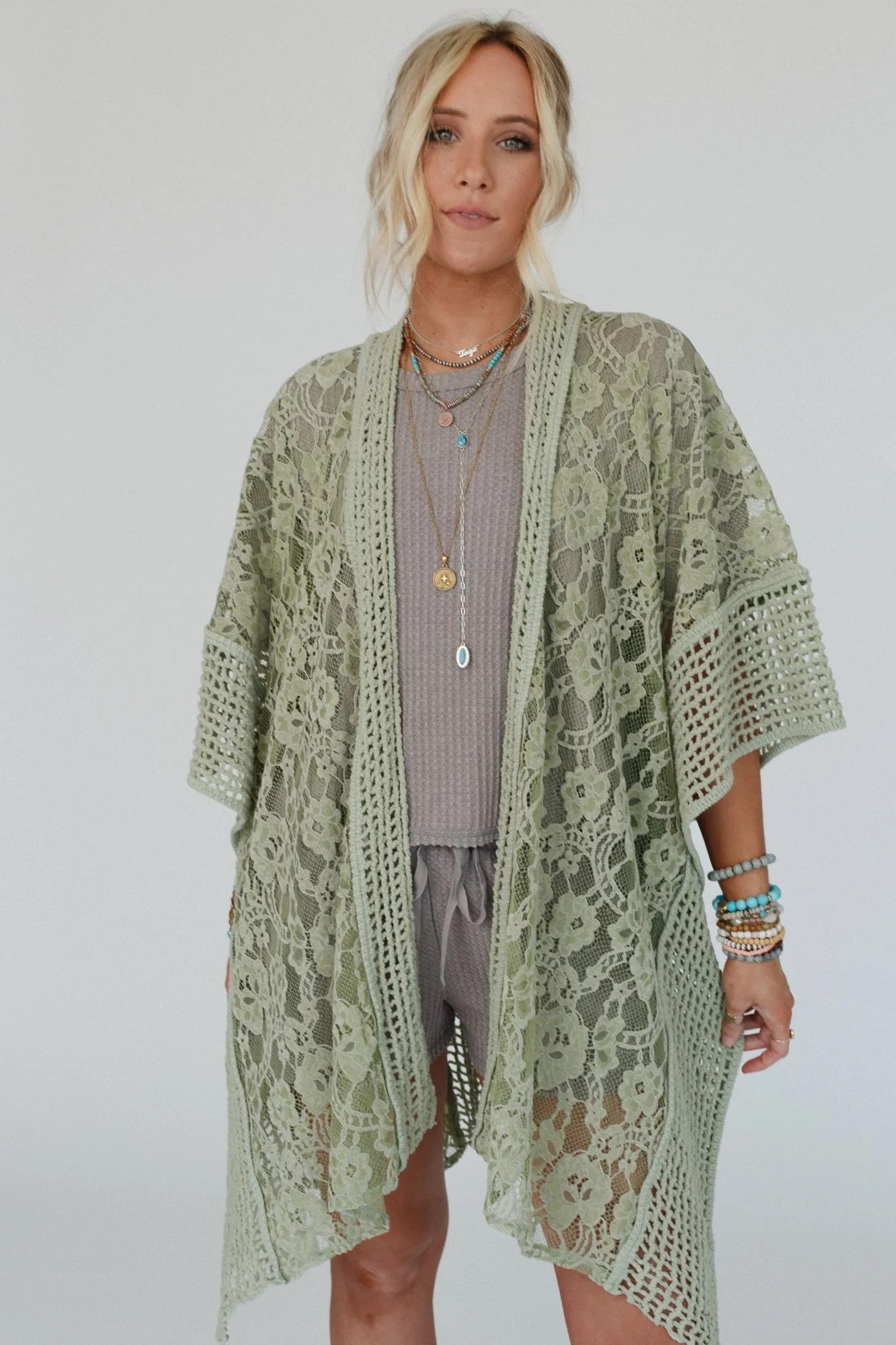 Breezy Floral Lace Kimono - Sage - Image 4