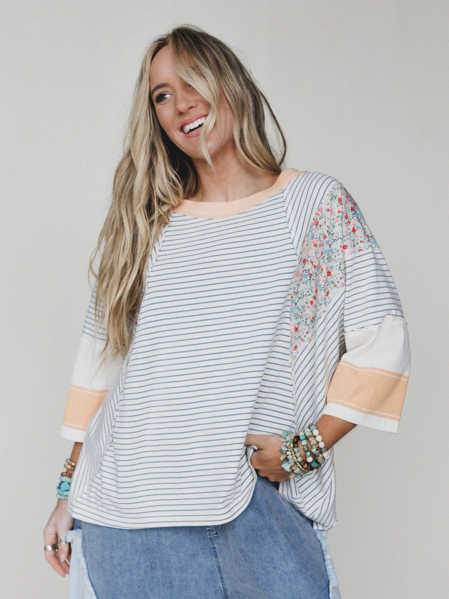 Britt Patchwork Top - Oat Blue