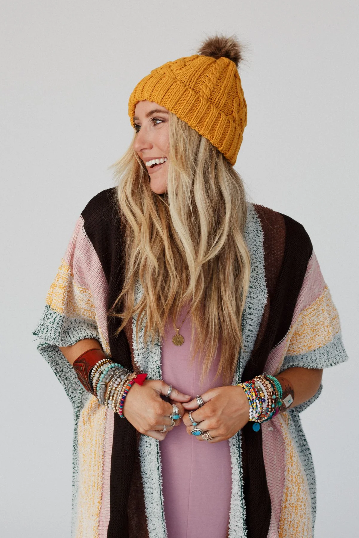 Cable Knit Faux Fur Pom Beanie - Mustard - Image 7