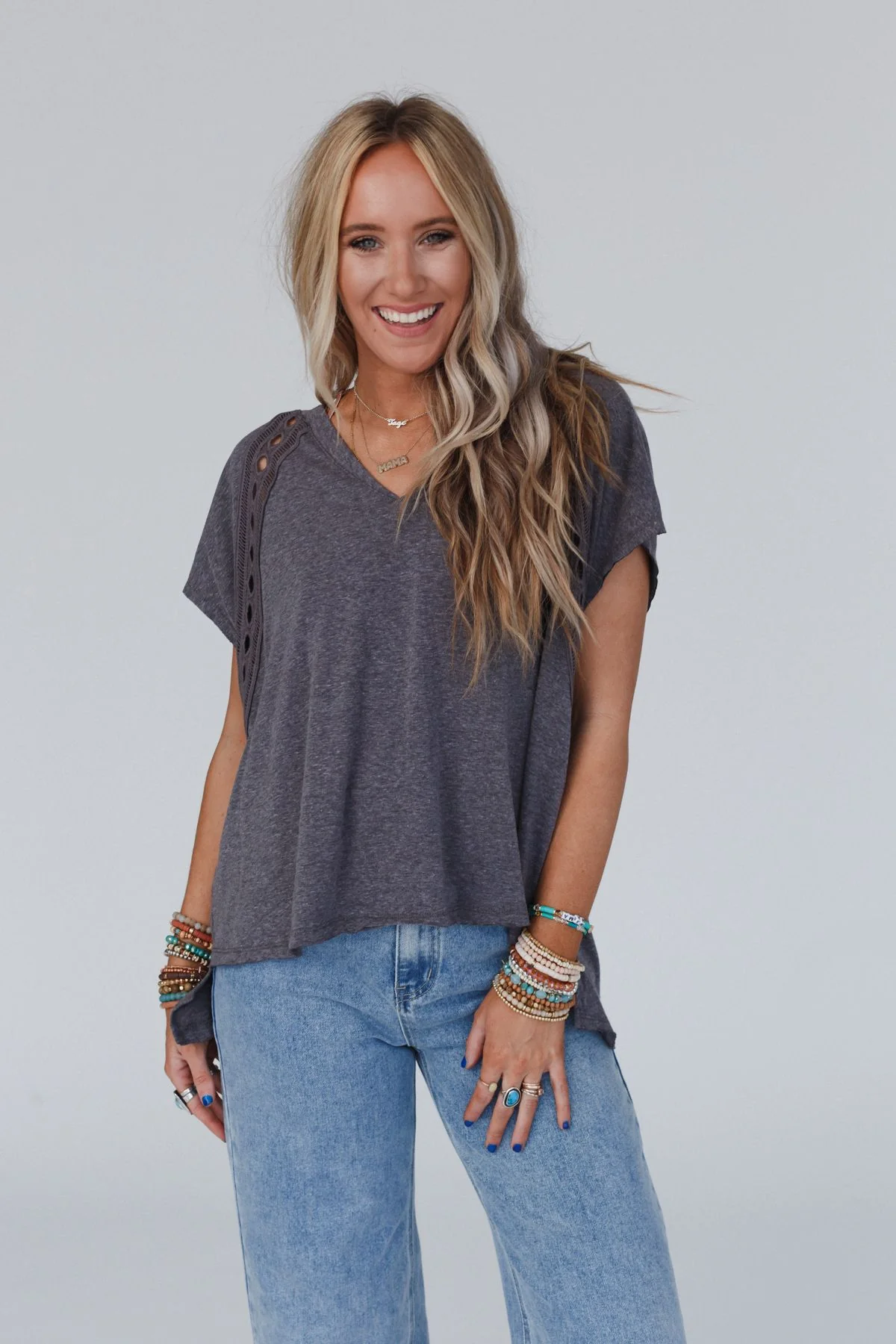 The Nest Camden Lace V Neck Top - Charcoal - Image 5