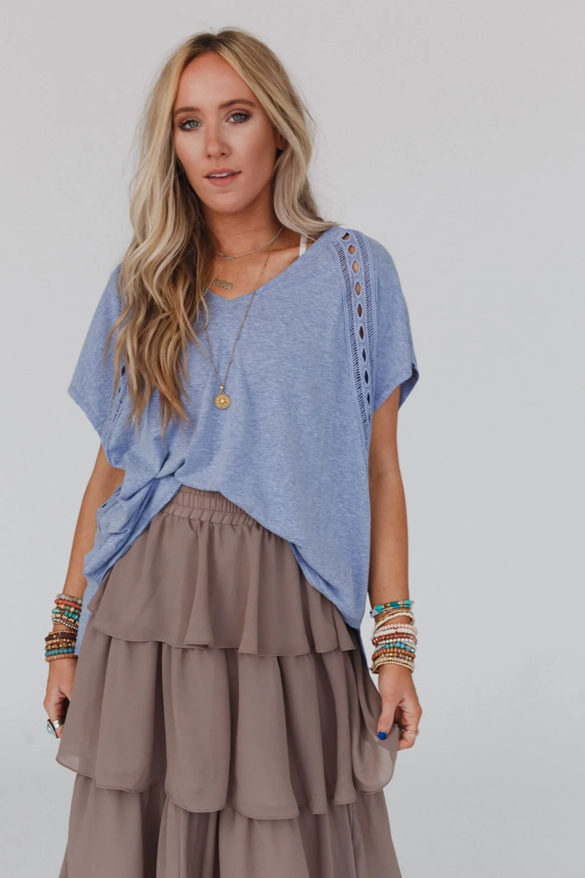 The Nest Camden Lace V Neck Top - Denim - Image 7
