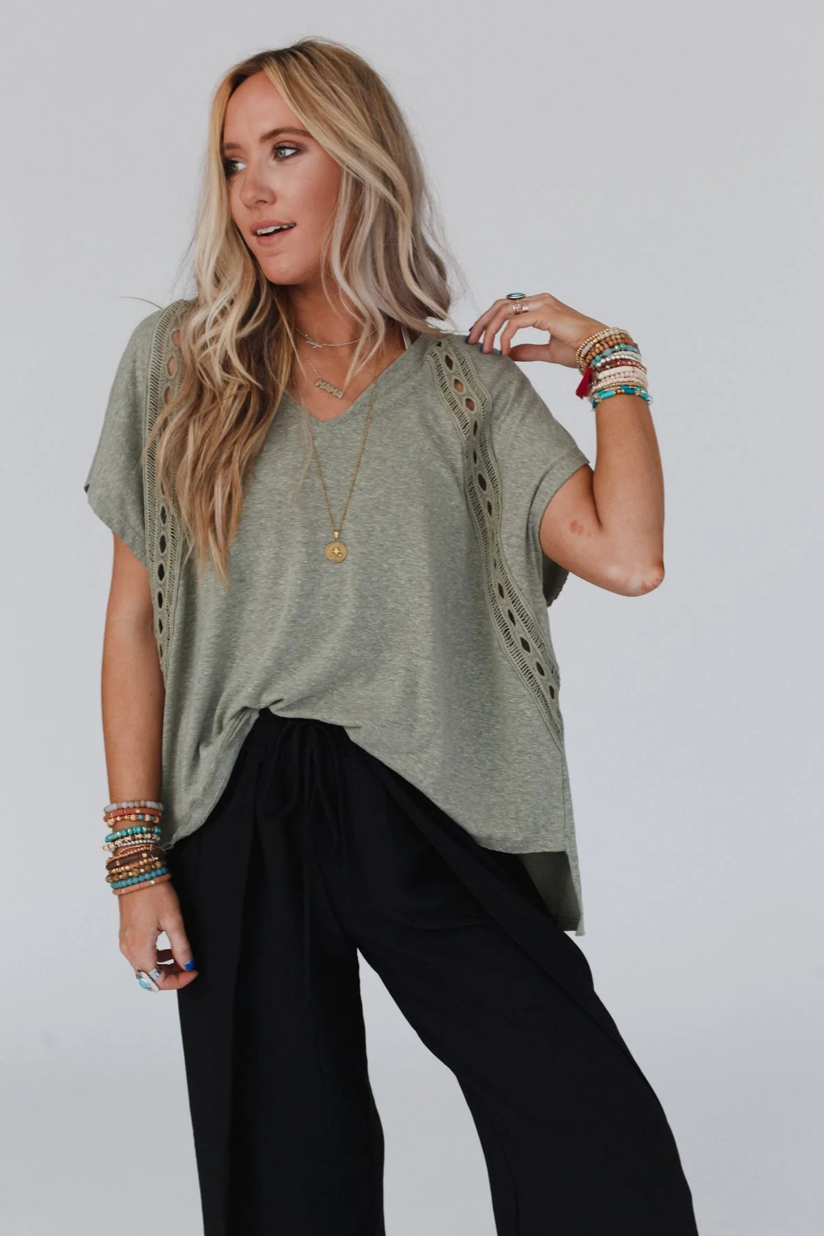 The Nest Camden Lace V Neck Top - Olive - Image 3