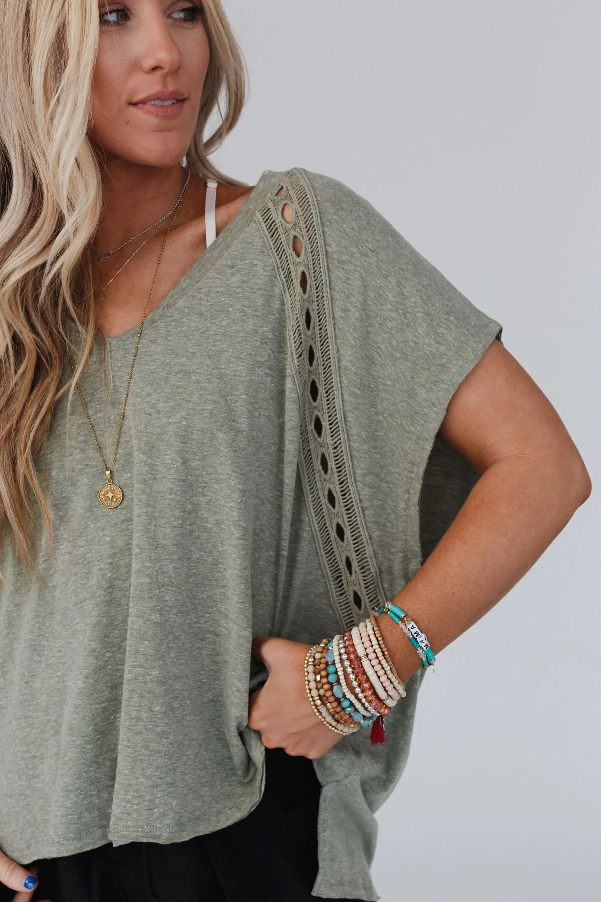 The Nest Camden Lace V Neck Top - Olive - Image 4