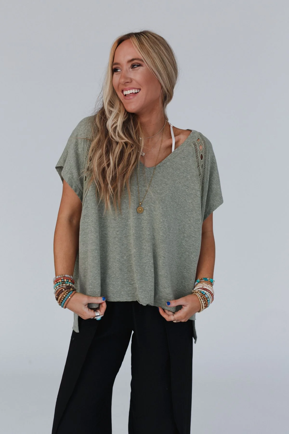 The Nest Camden Lace V Neck Top - Olive - Image 5