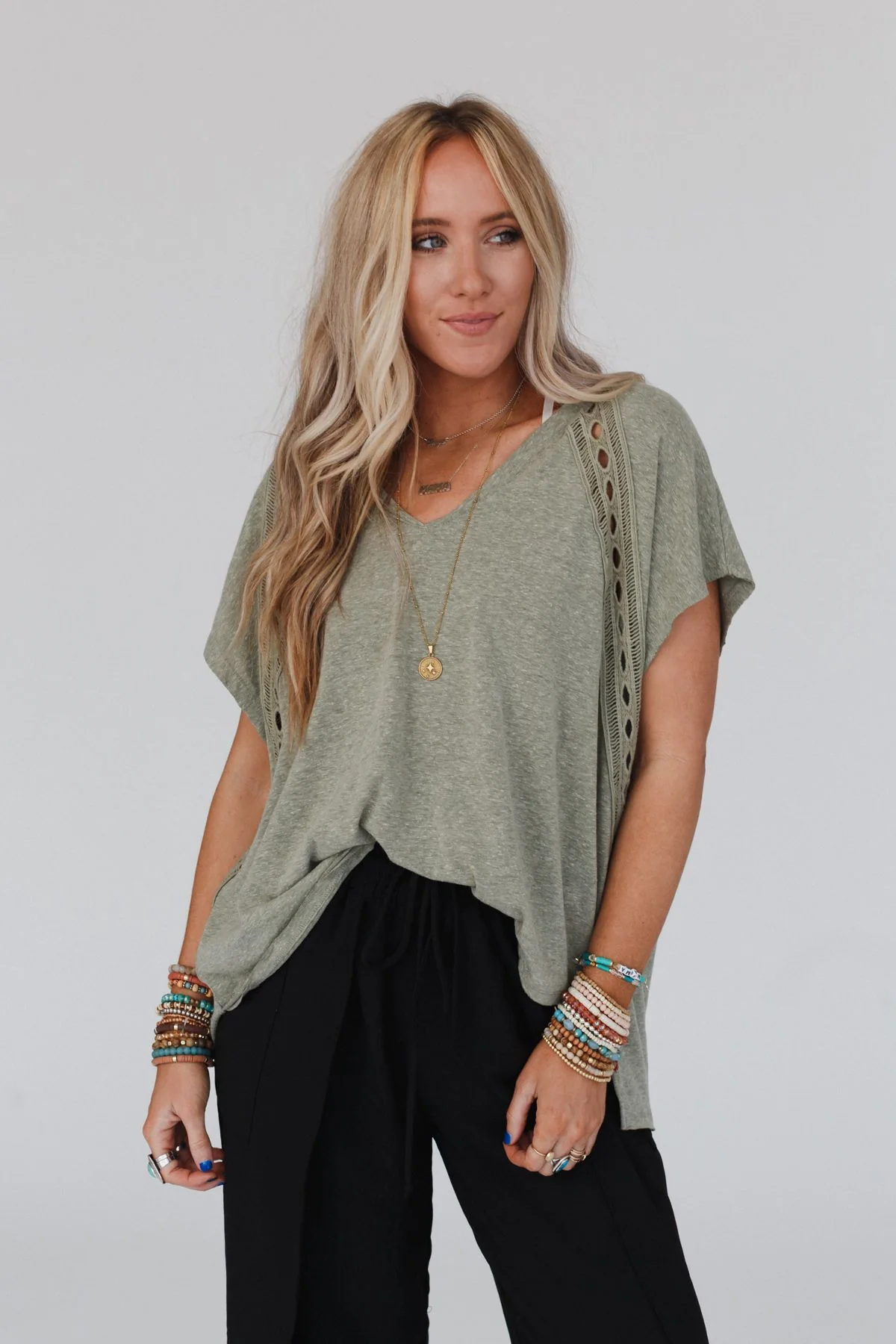 The Nest Camden Lace V Neck Top - Olive - Image 6