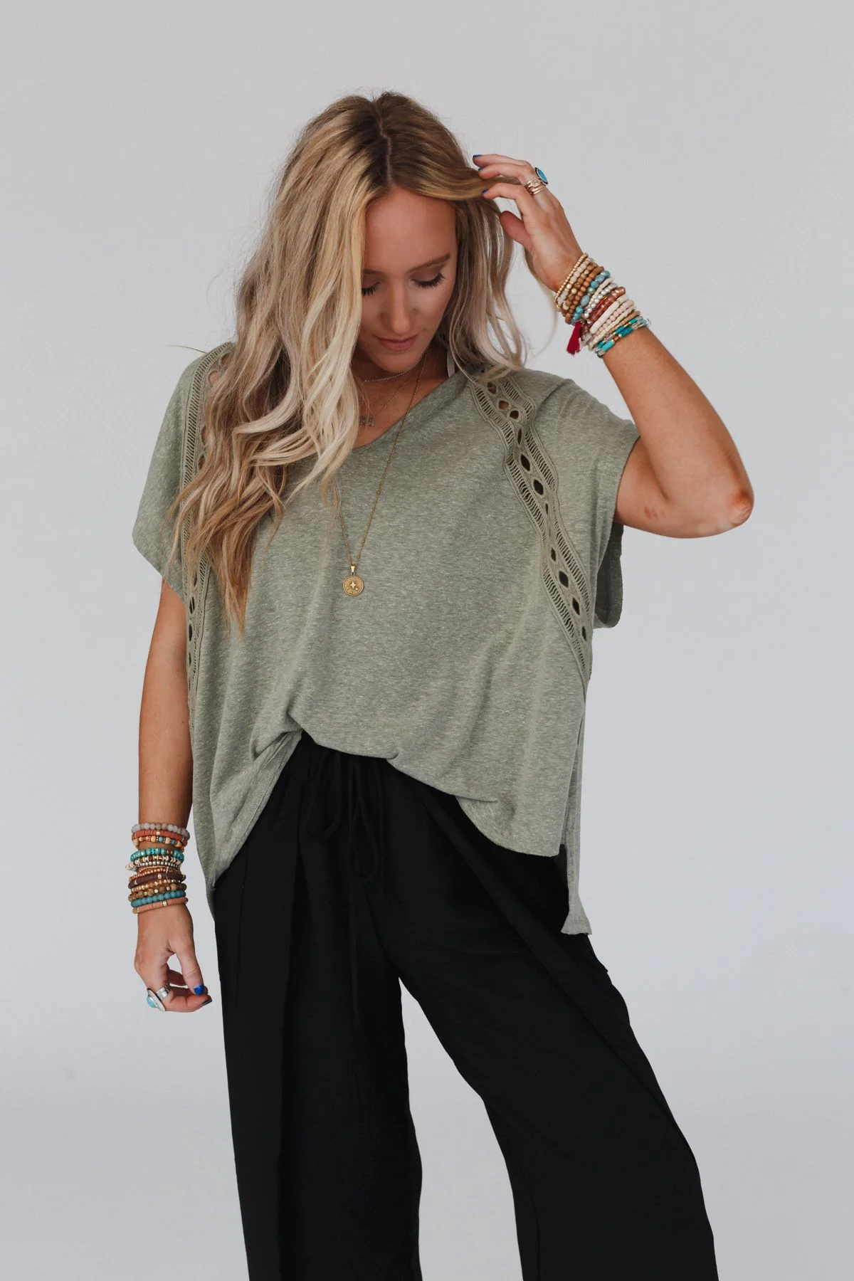 The Nest Camden Lace V Neck Top - Olive - Image 7