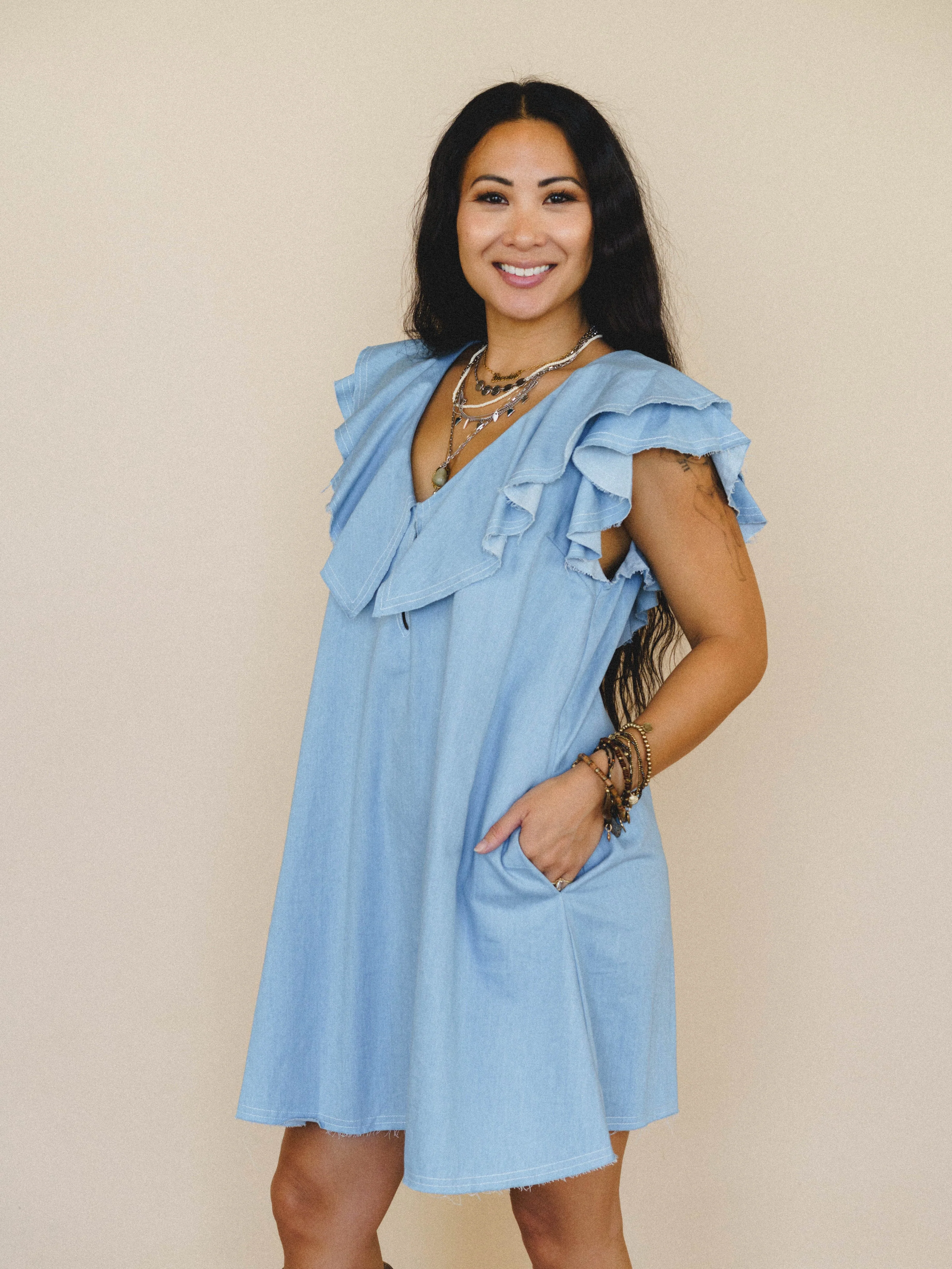 Chambray Daydream Flutter Sleeve Dress - Light Denim - Image 5