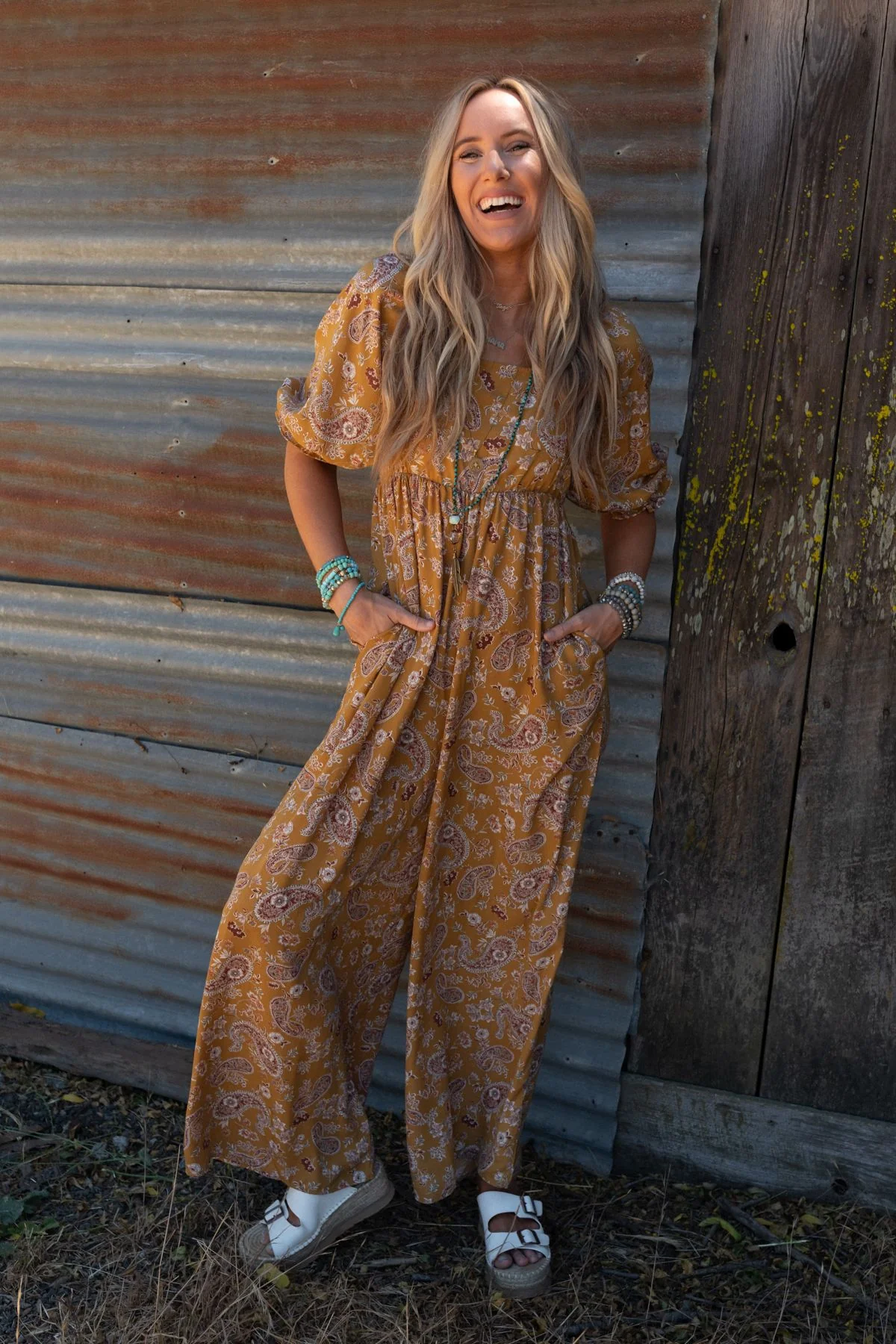 The Nest Charlotte Printed Wide Leg Jumpsuit - Mustard Paisley - Image 7