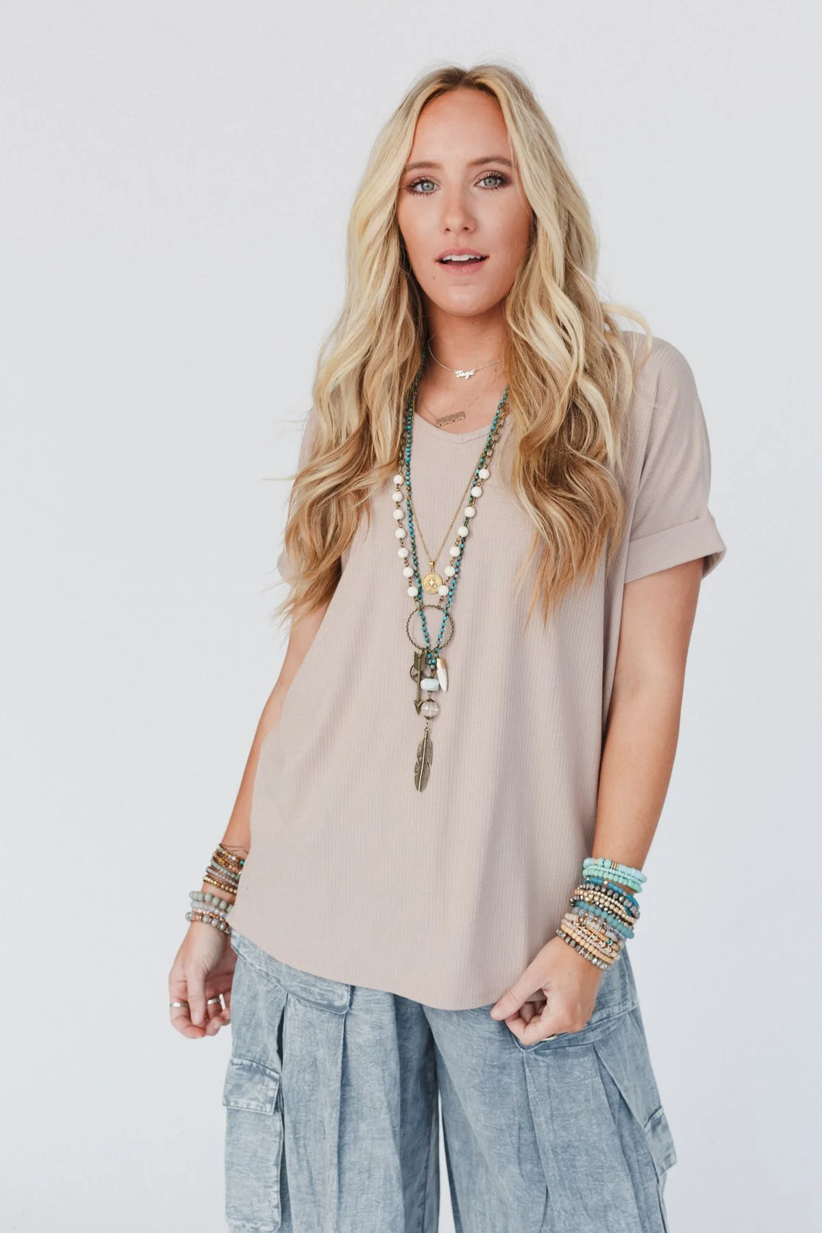 The Nest Classic V Neck Top - Sand - Image 2