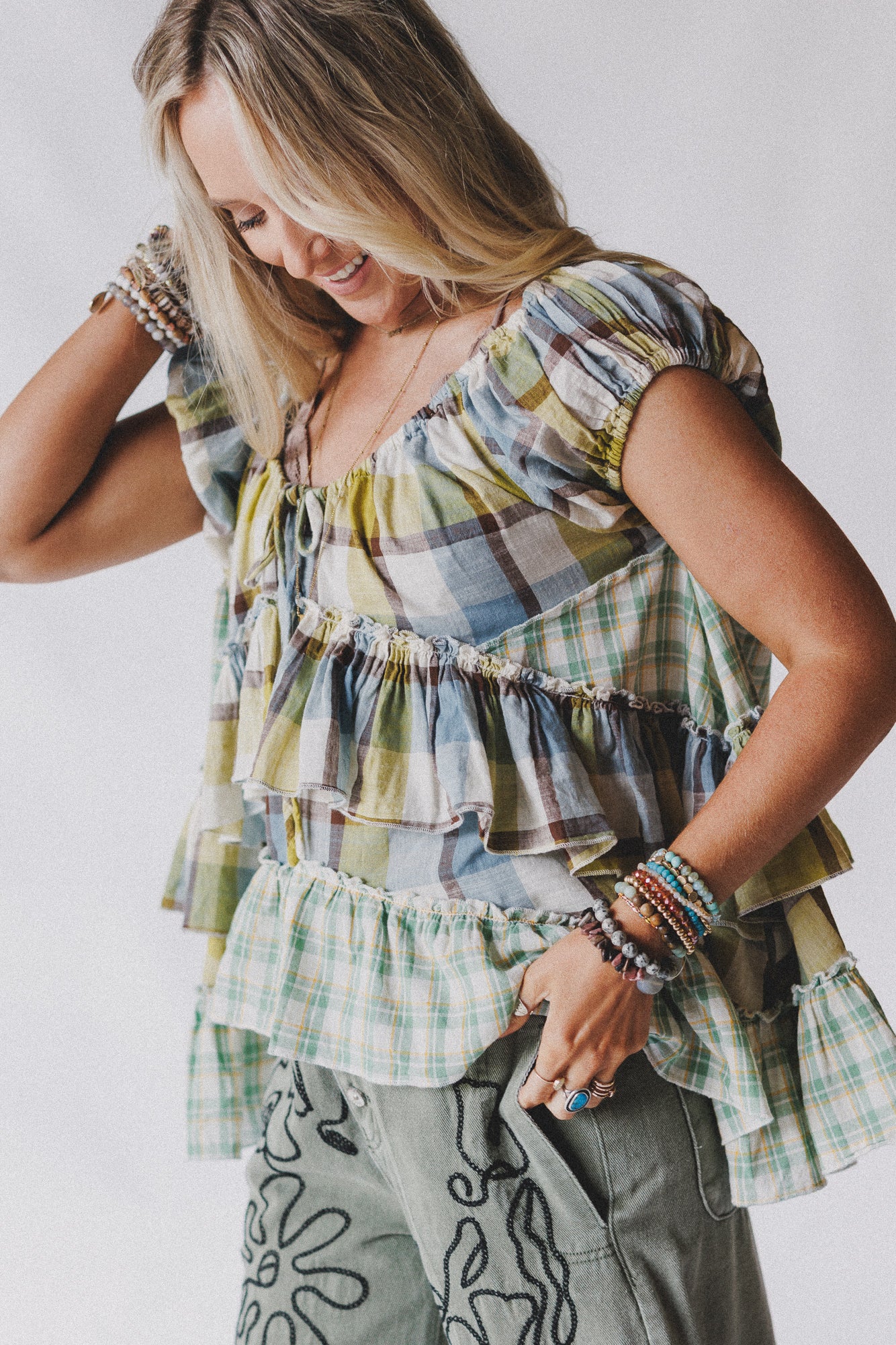 Clover Stitch Plaid Top - Green - Image 2