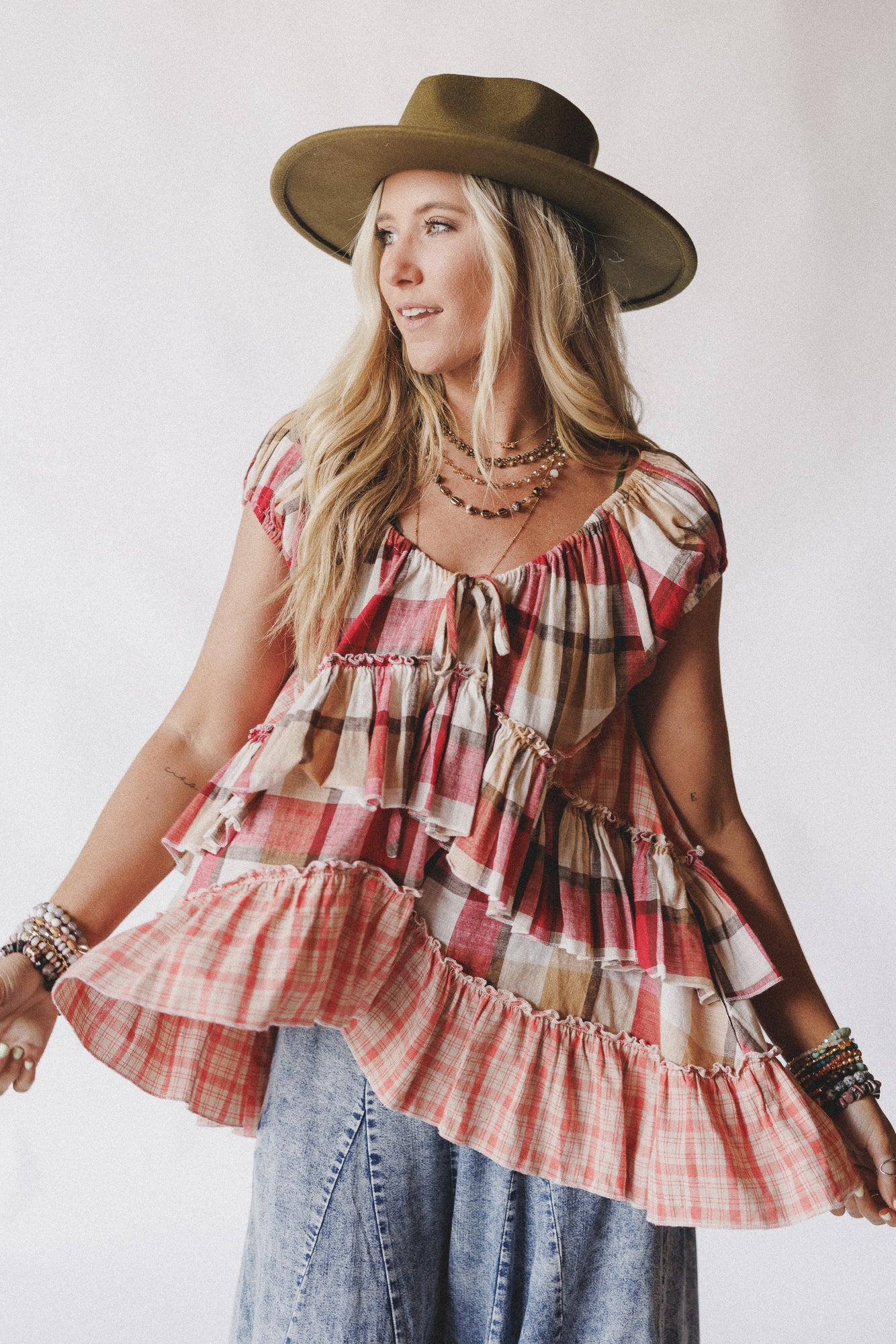Clover Stitch Plaid Top - Pink - Image 4
