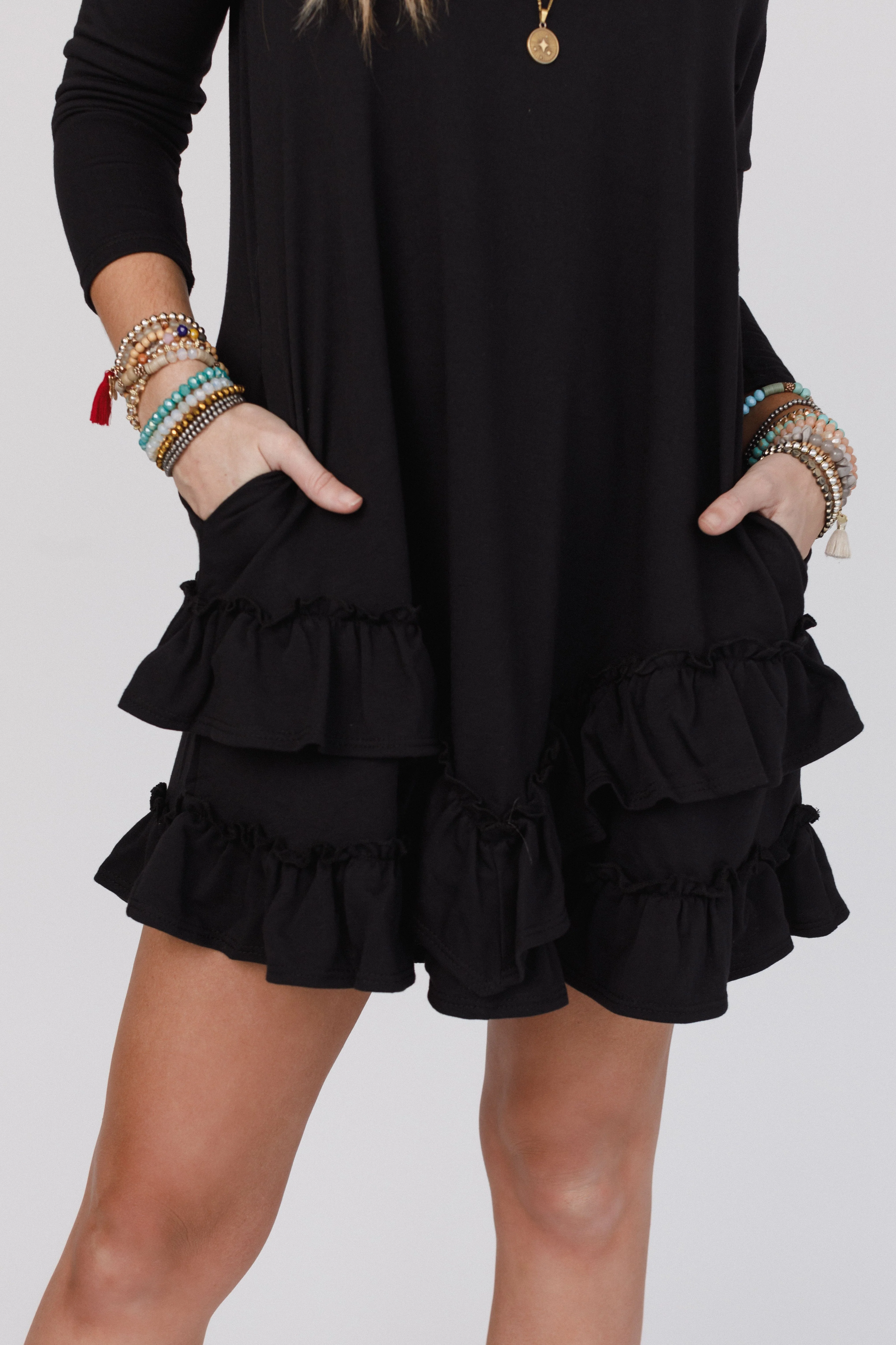 The Nest Constance Ruffle Hem Long Sleeve Dress - Black - Image 4