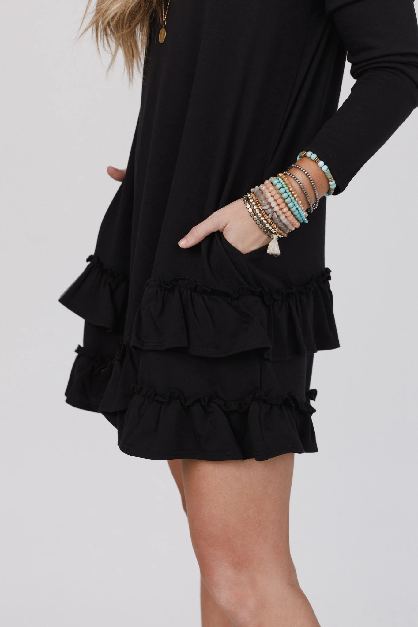 The Nest Constance Ruffle Hem Long Sleeve Dress - Black - Image 9