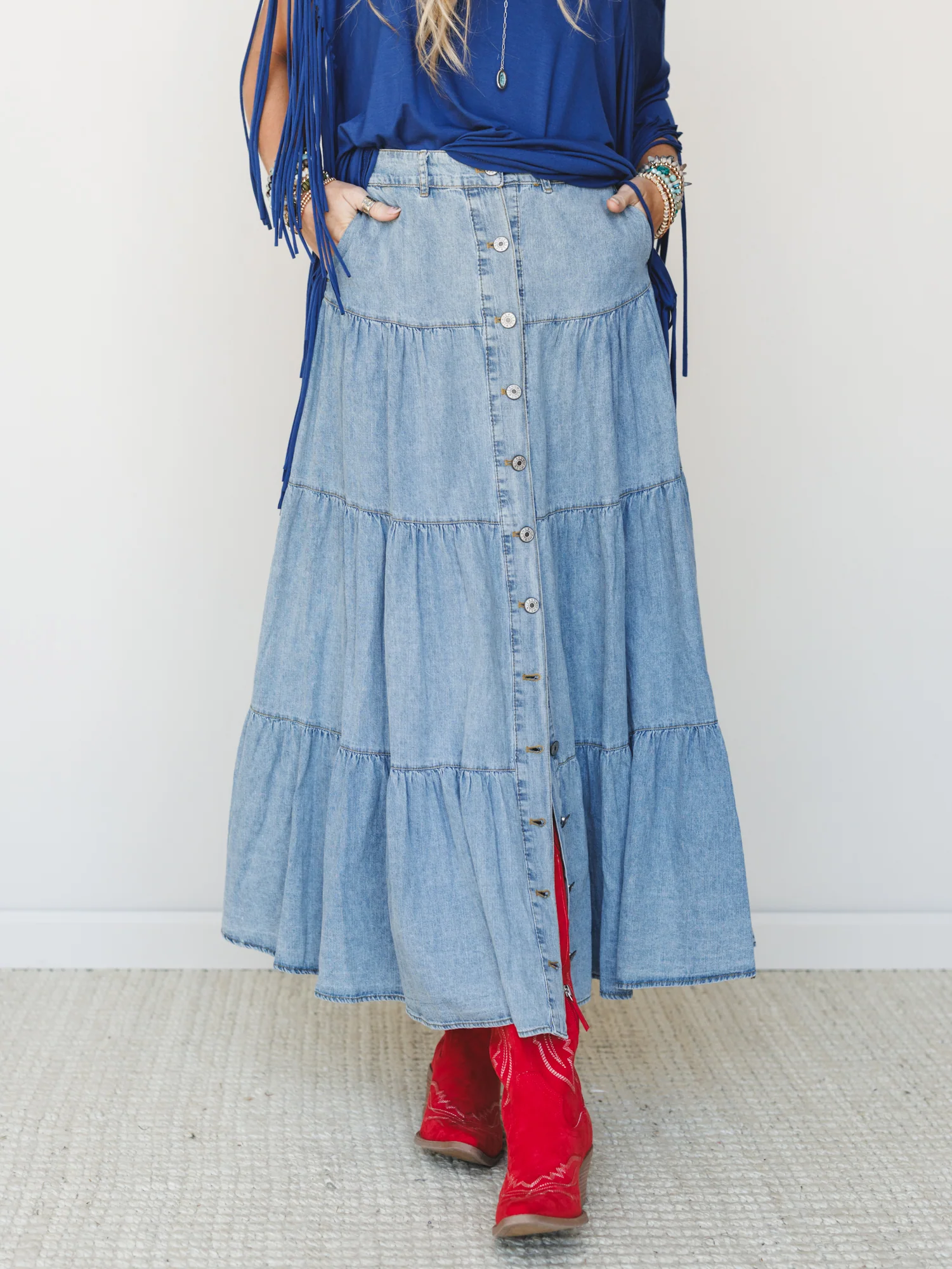 Country Mart Tiered Maxi Skirt - Denim - Image 2
