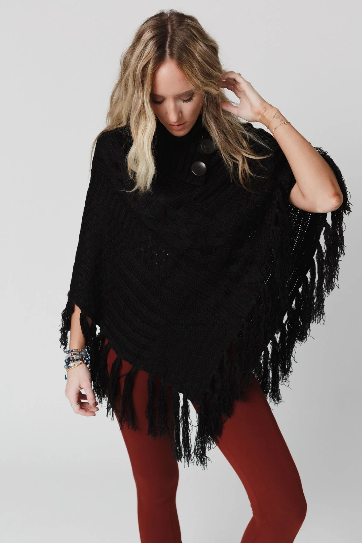 Cozy Cabin Turtleneck Poncho - Black - Image 5