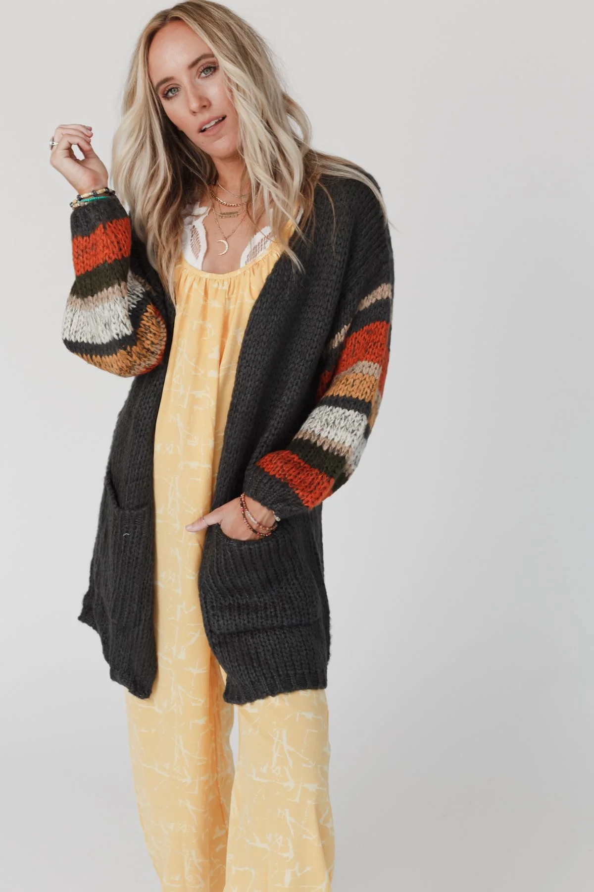 Danny Striped Sleeve Cardigan - Charcoal - Image 3