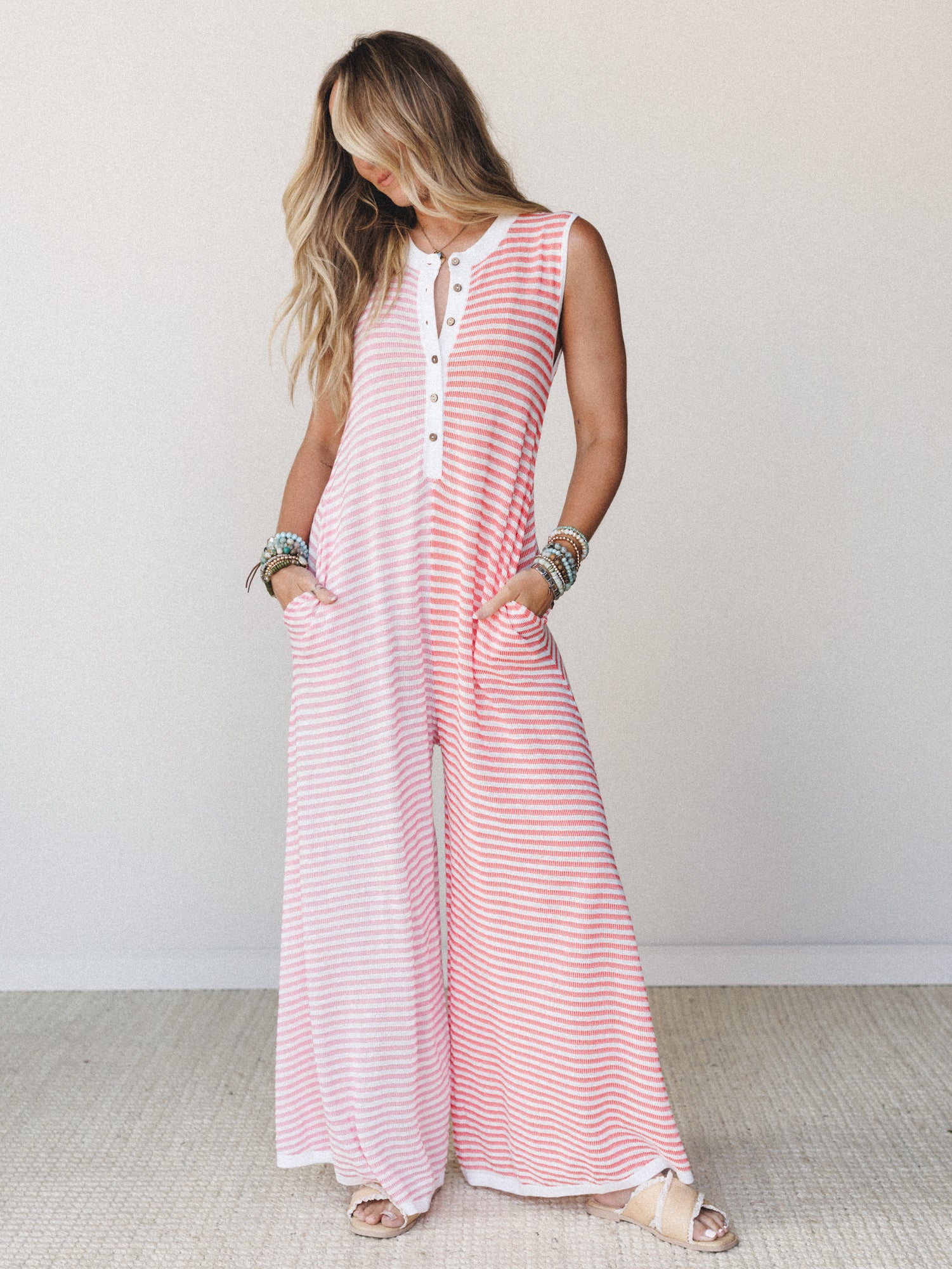 Daphne Striped Wide Leg Jumpsuit - Pink Orange Combo - Image 2