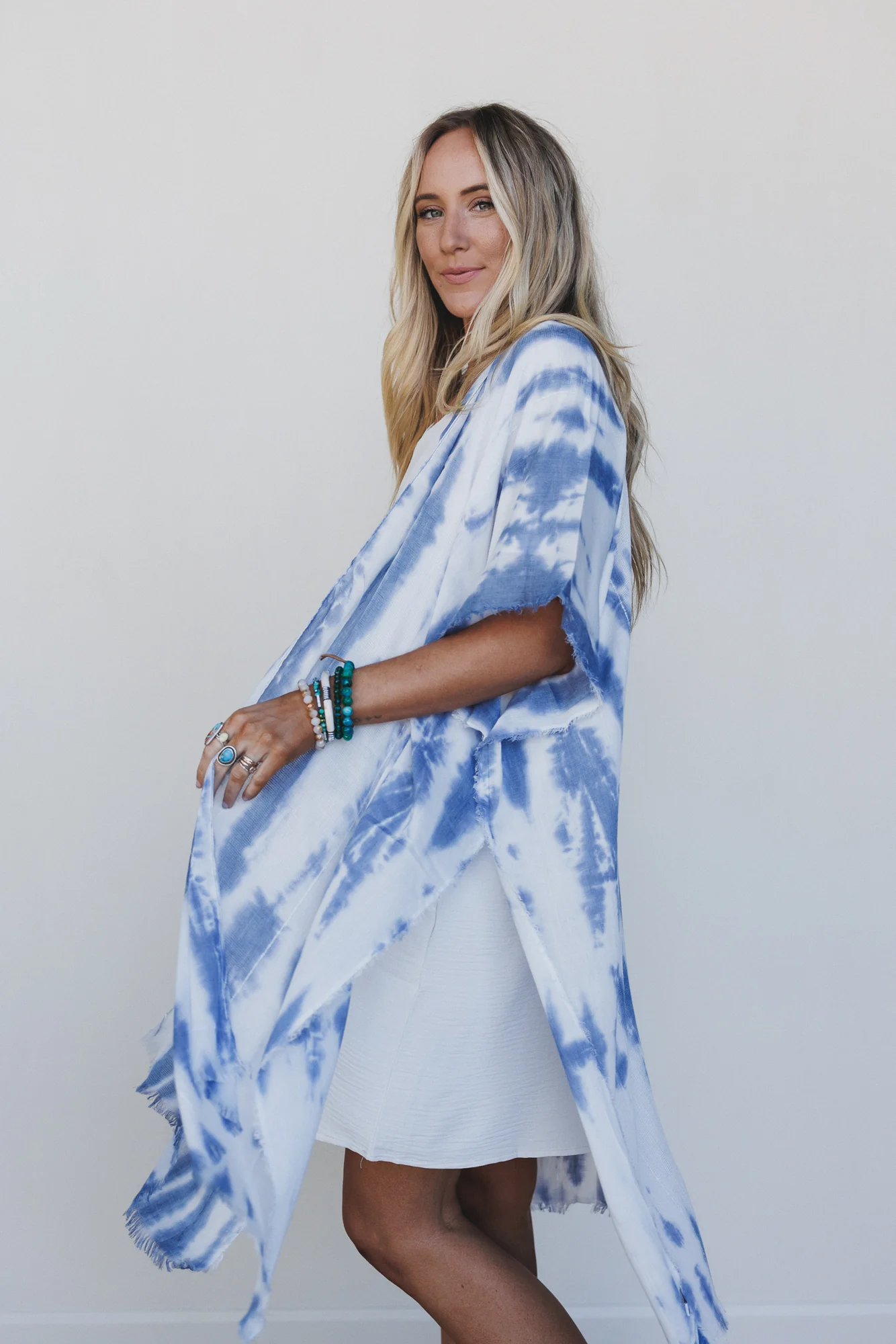 Demi Tie Dye Frayed Hem Kimono - Blue - Image 4