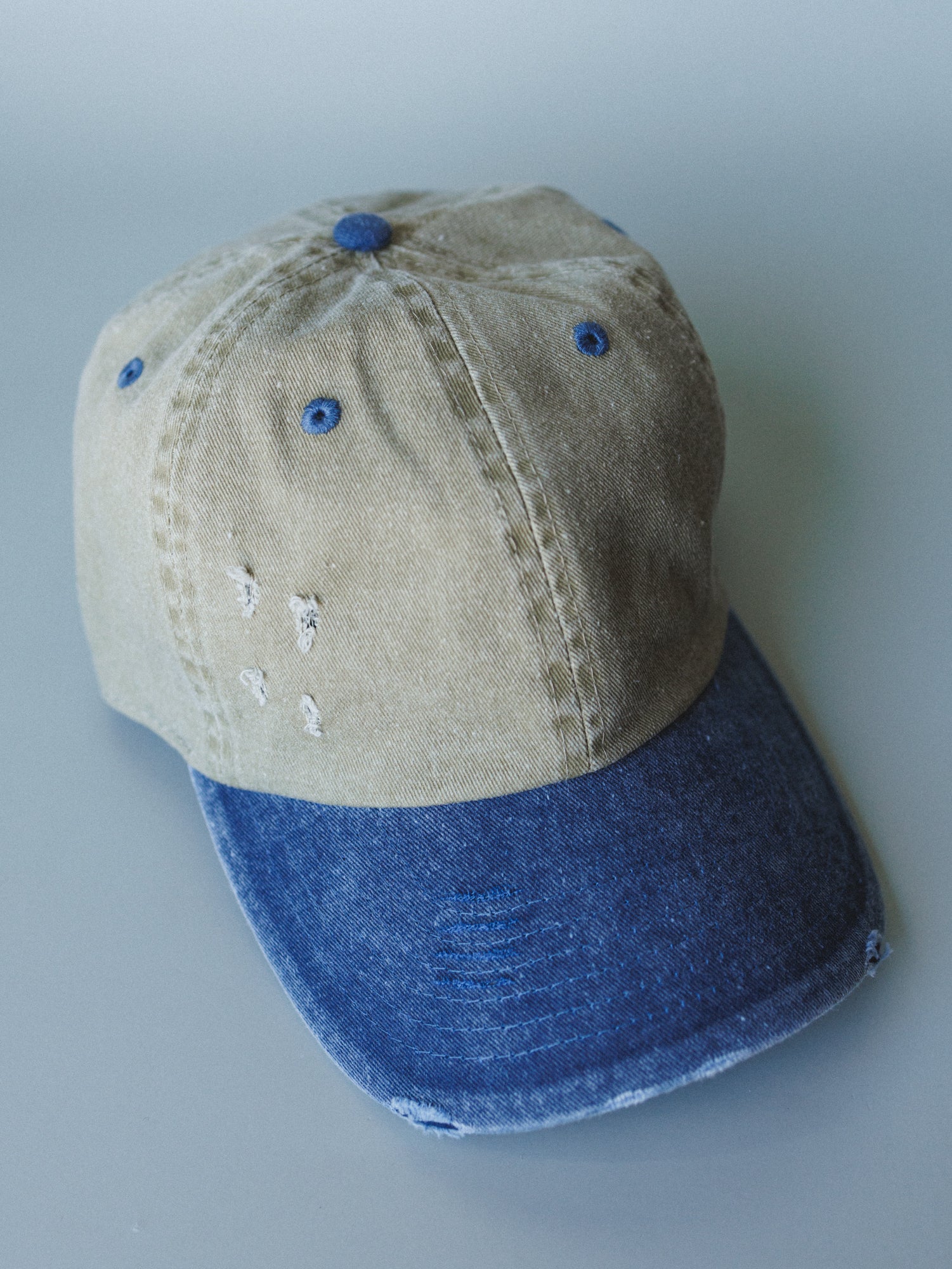 Distressed Baseball Cap Dad Hat
 - Two Tone Khaki Blue - Image 2