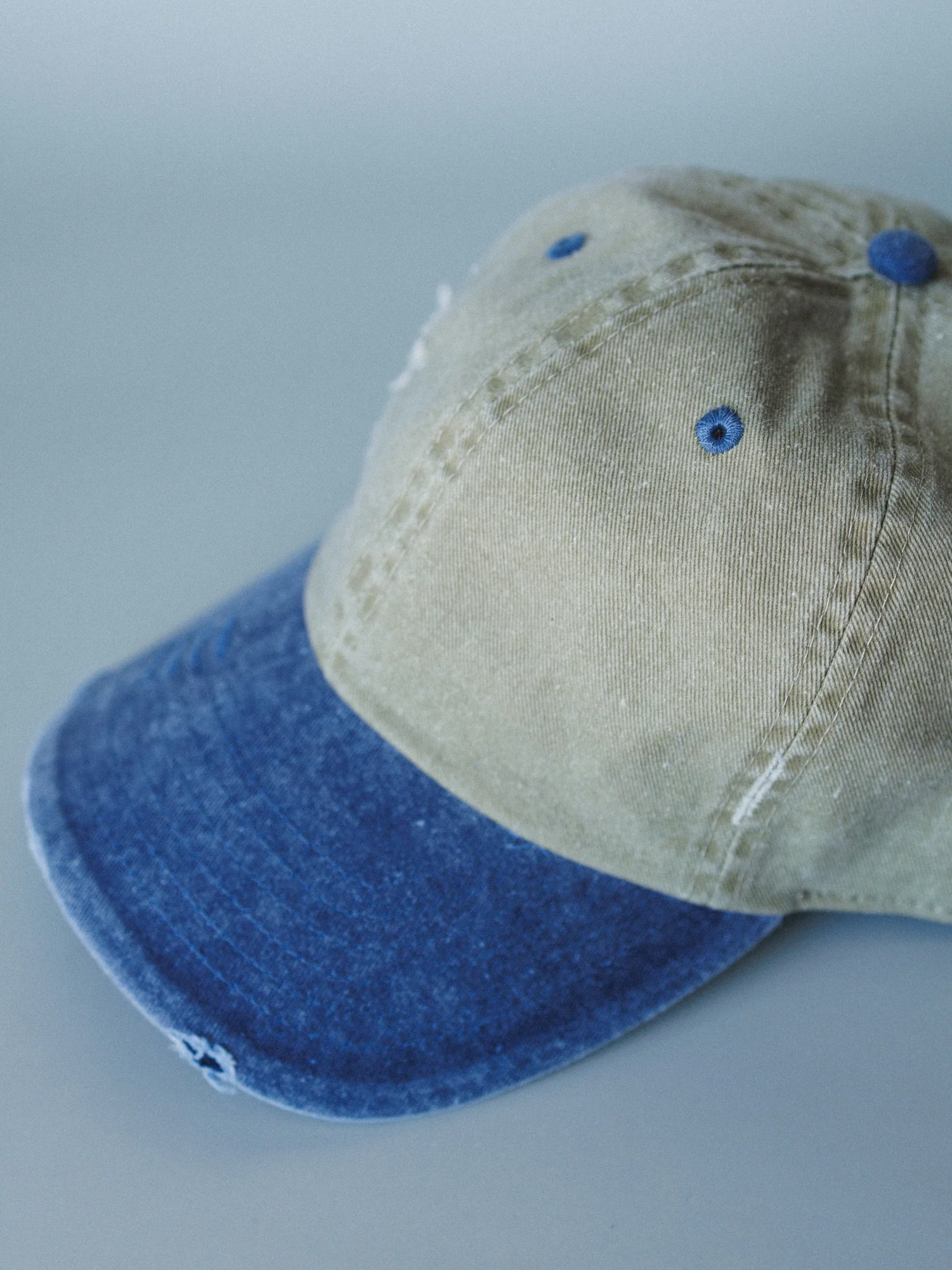 Distressed Baseball Cap Dad Hat
 - Two Tone Khaki Blue - Image 4