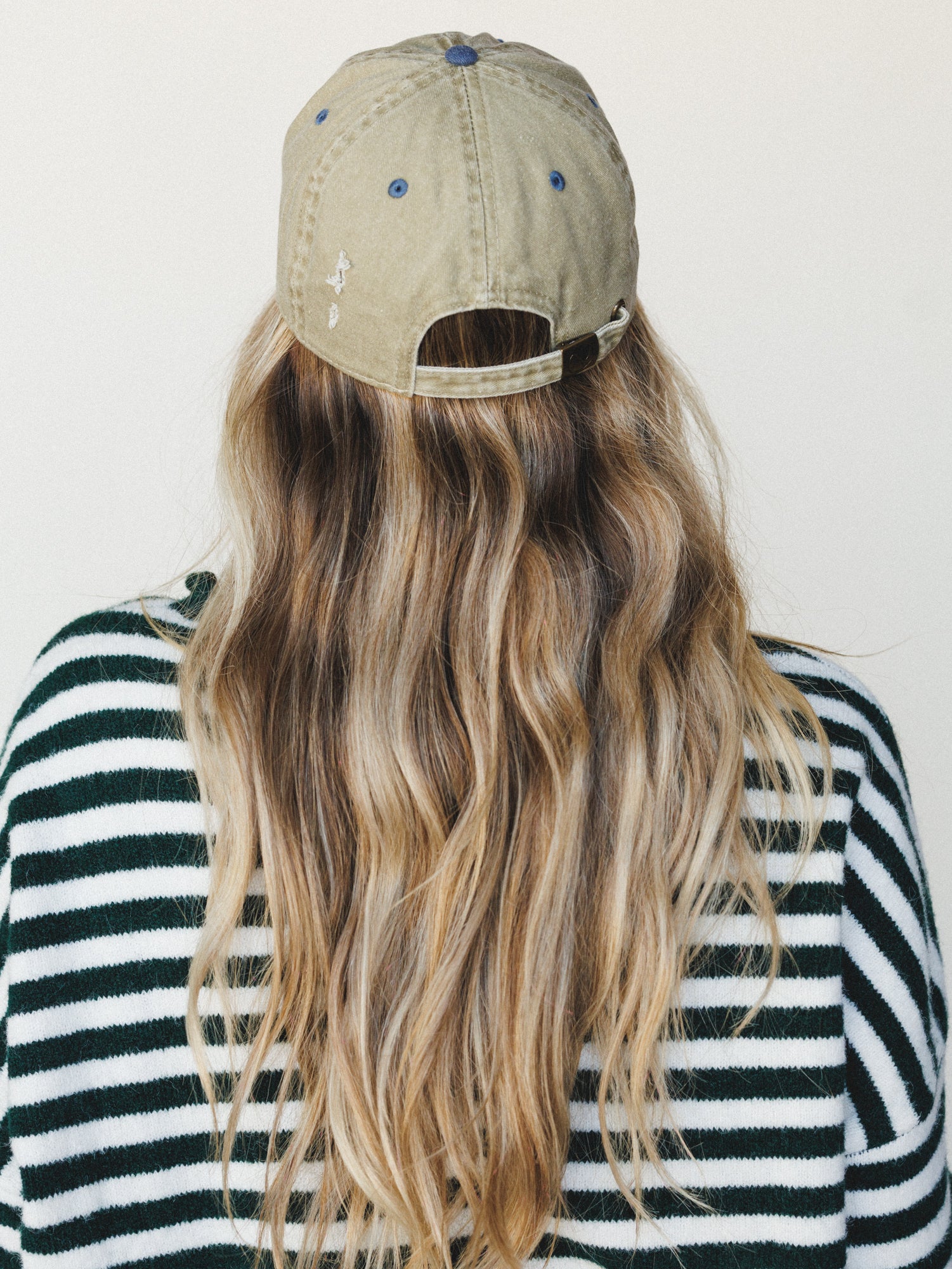 Distressed Baseball Cap Dad Hat
 - Two Tone Khaki Blue - Image 5