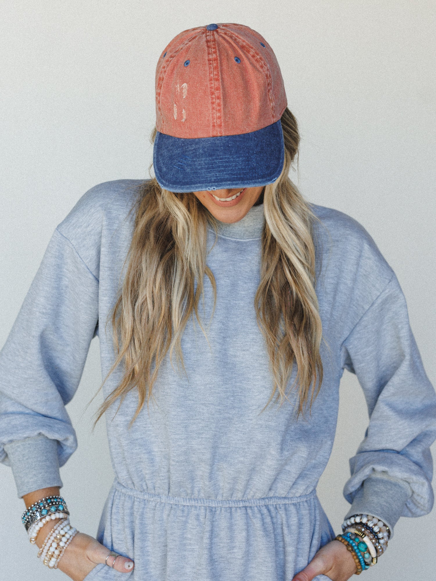 Distressed Baseball Cap Dad Hat
 - Two Tone Orange Blue - Image 3