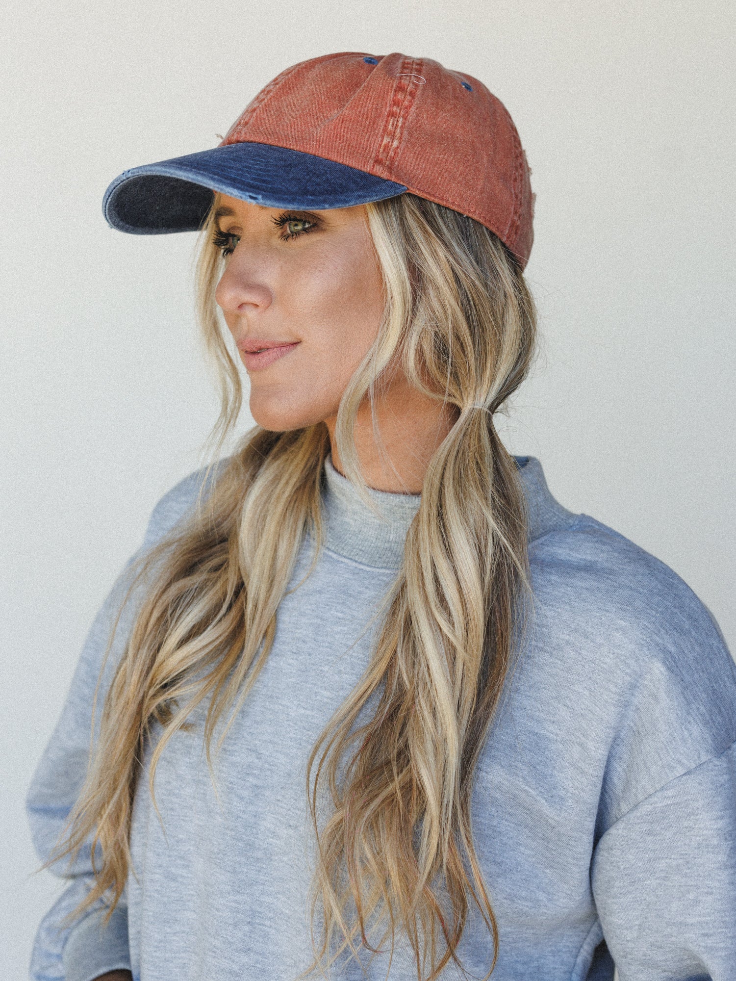Distressed Baseball Cap Dad Hat
 - Two Tone Orange Blue - Image 6