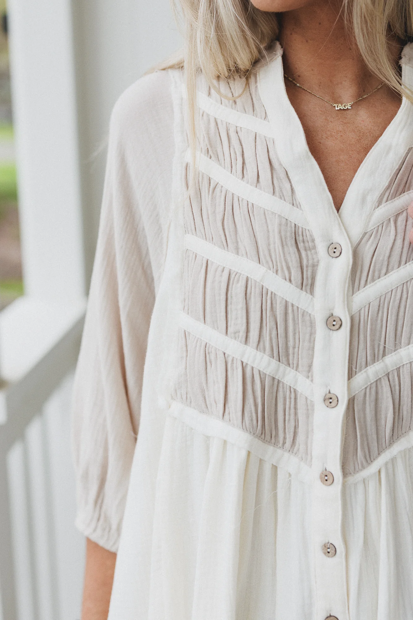 Divided Lines Button Down Tunic - Cream - Image 6